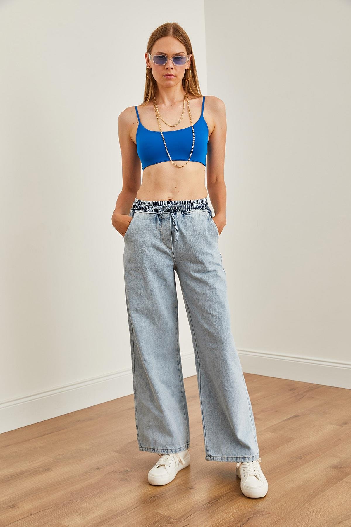 Beli Bağcıklı Cepli Palazzo Denim Pantolon Açık Mavi
