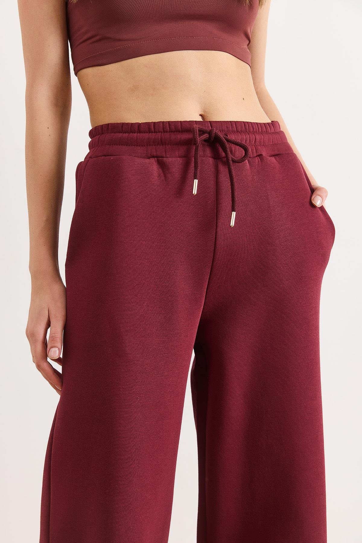 Beli Bağcıklı Cepli Wide Leg Şardonlu Kalın Eşofman Altı Bordo