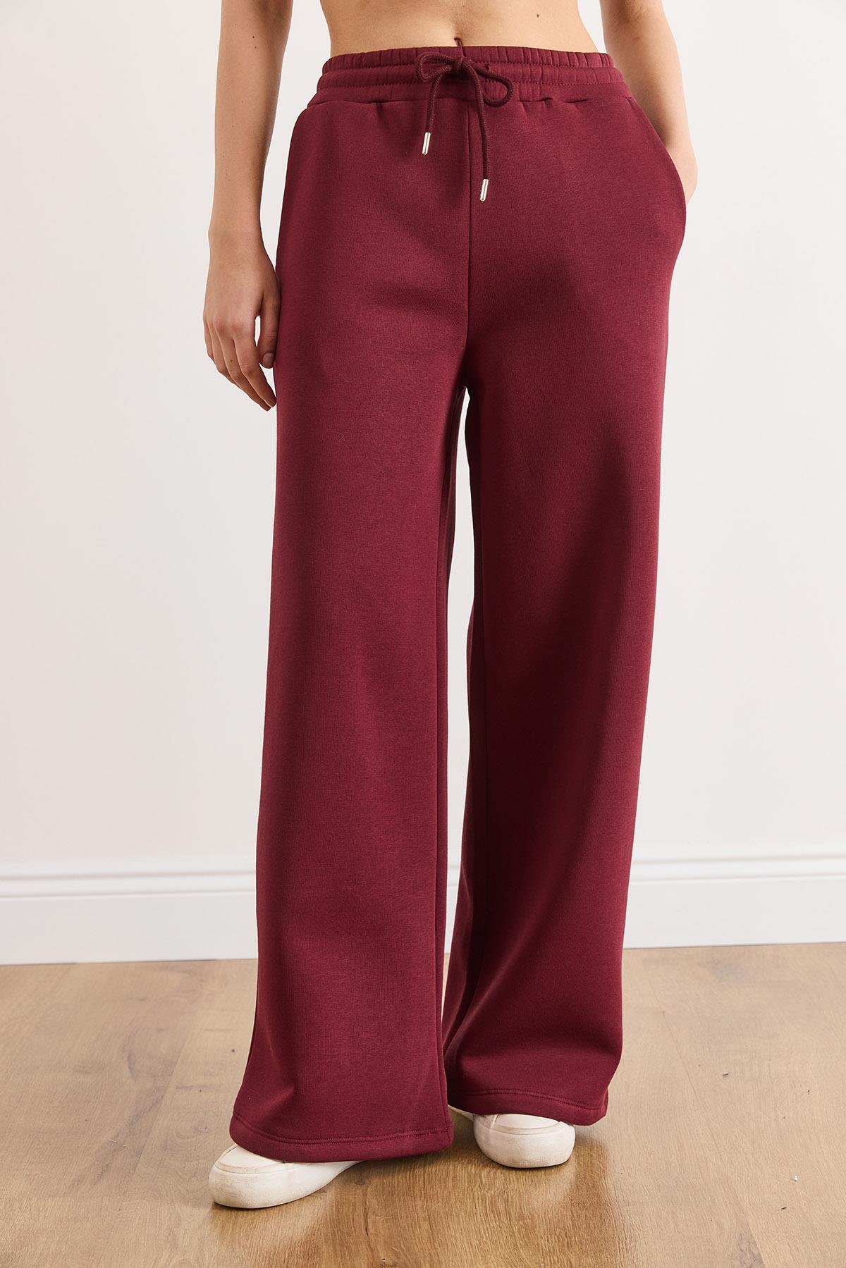 Beli Bağcıklı Cepli Wide Leg Şardonlu Kalın Eşofman Altı Bordo