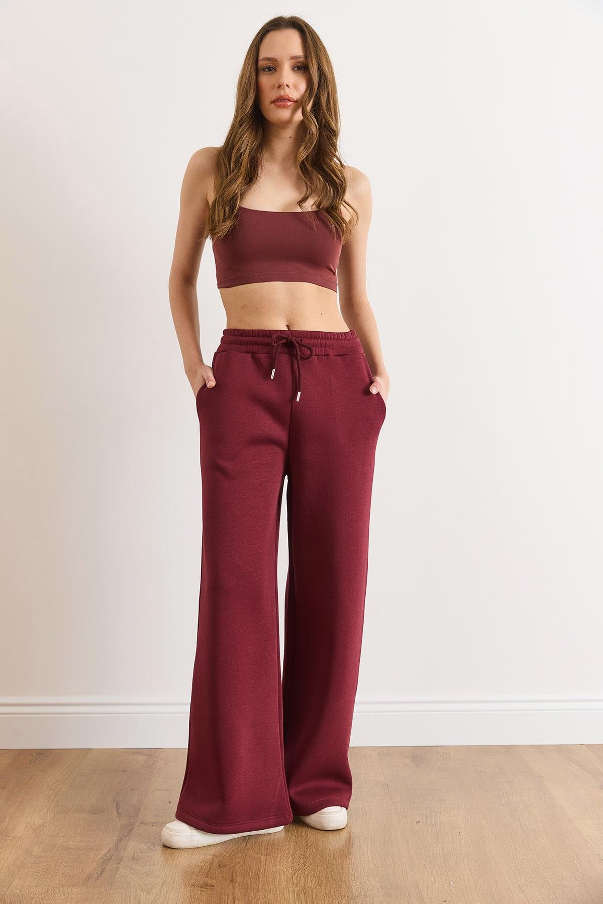 Beli Bağcıklı Cepli Wide Leg Şardonlu Kalın Eşofman Altı Bordo
