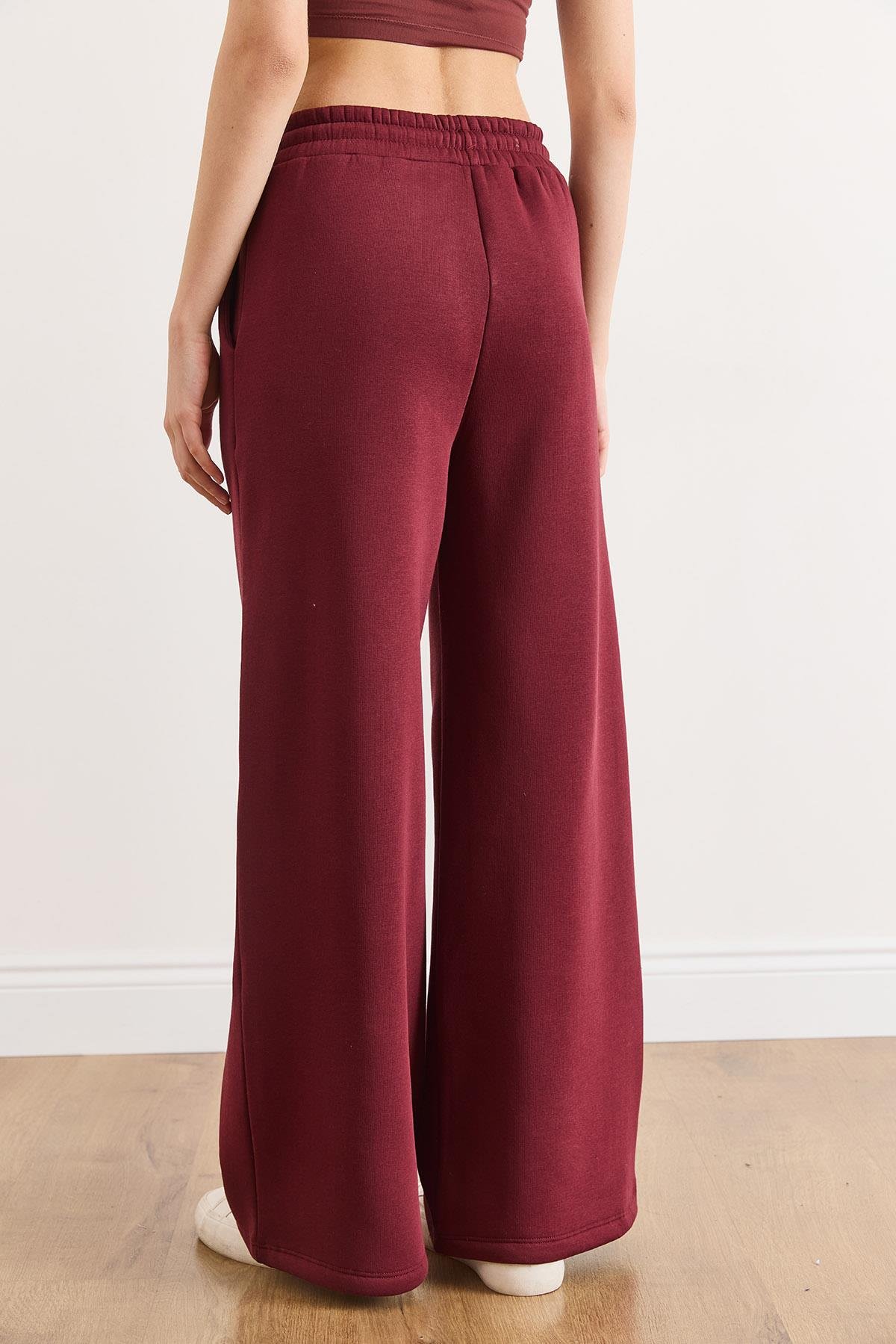 Beli Bağcıklı Cepli Wide Leg Şardonlu Kalın Eşofman Altı Bordo