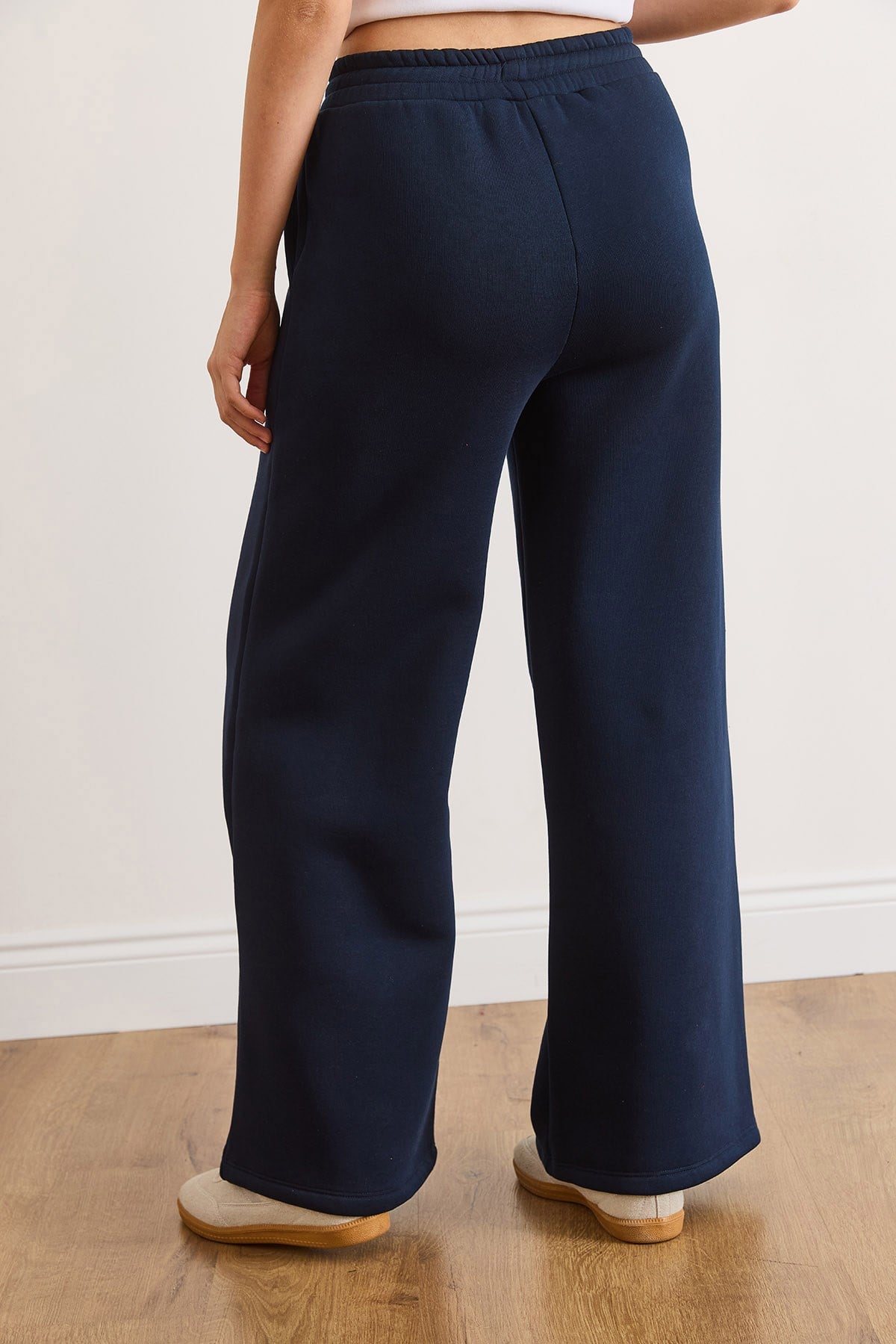Beli Bağcıklı Cepli Wide Leg Şardonlu Kalın Eşofman Altı Lacivert