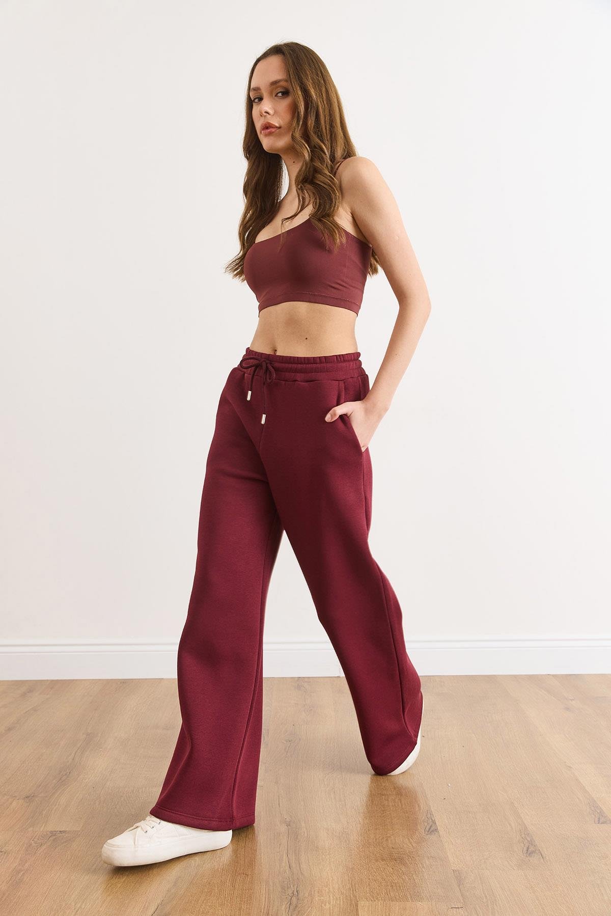 Beli Bağcıklı Cepli Wide Leg Şardonlu Kalın Eşofman Altı Bordo