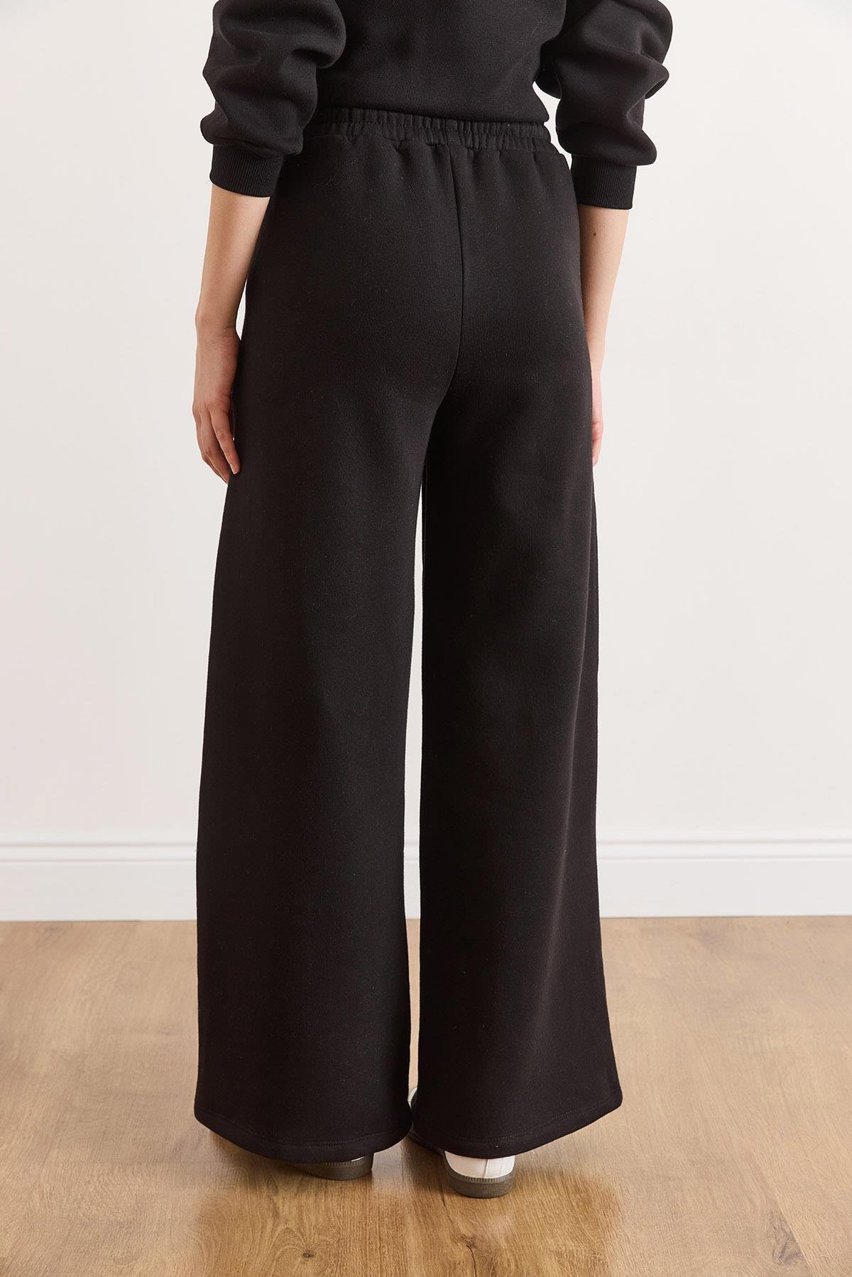 Beli Bağcıklı Cepli Wide Leg Şardonlu Kalın Eşofman Altı Siyah