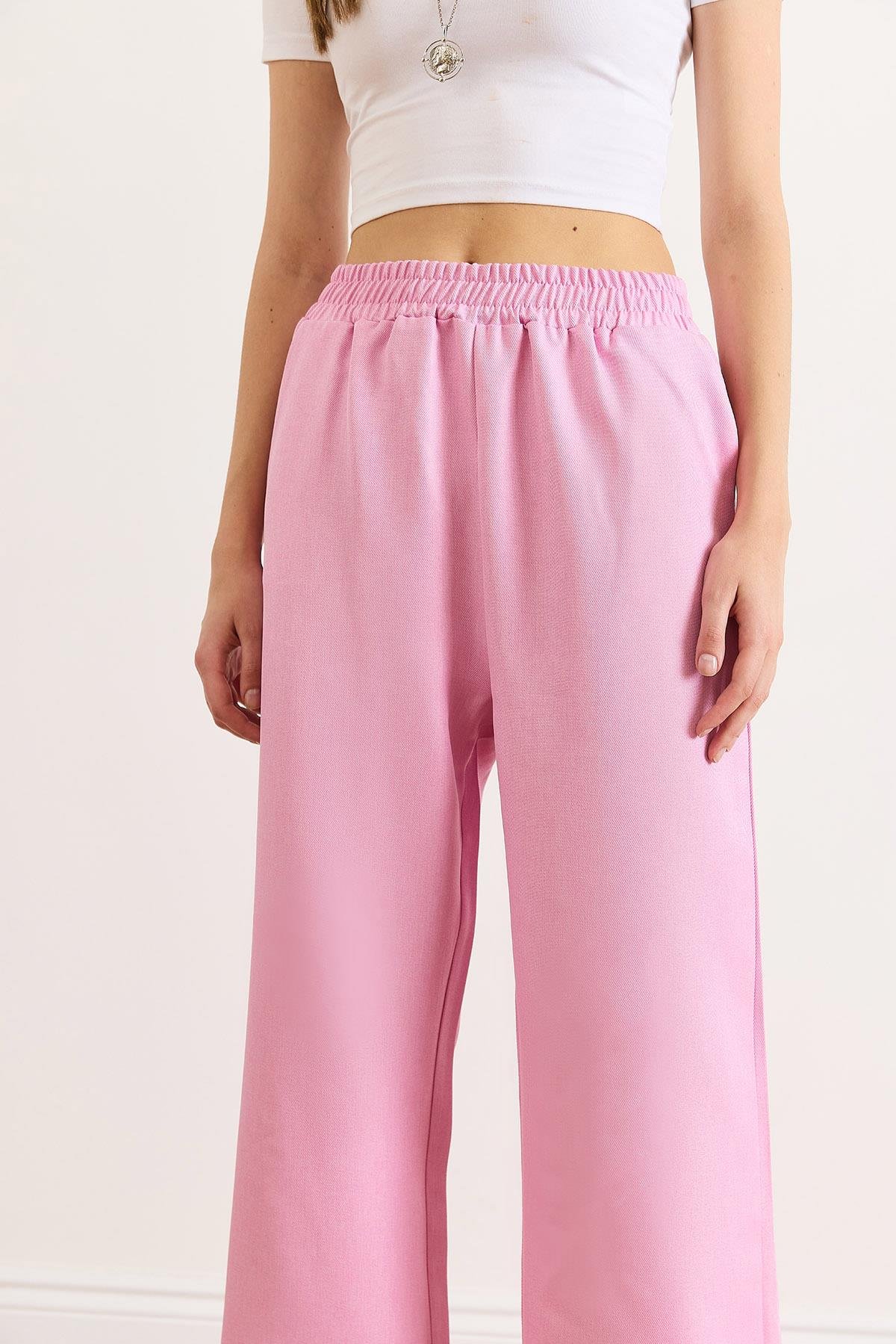 Beli Bantlı Cepli Yün Efektli Bol Paça Kışlık Pantolon Şeker Pembe