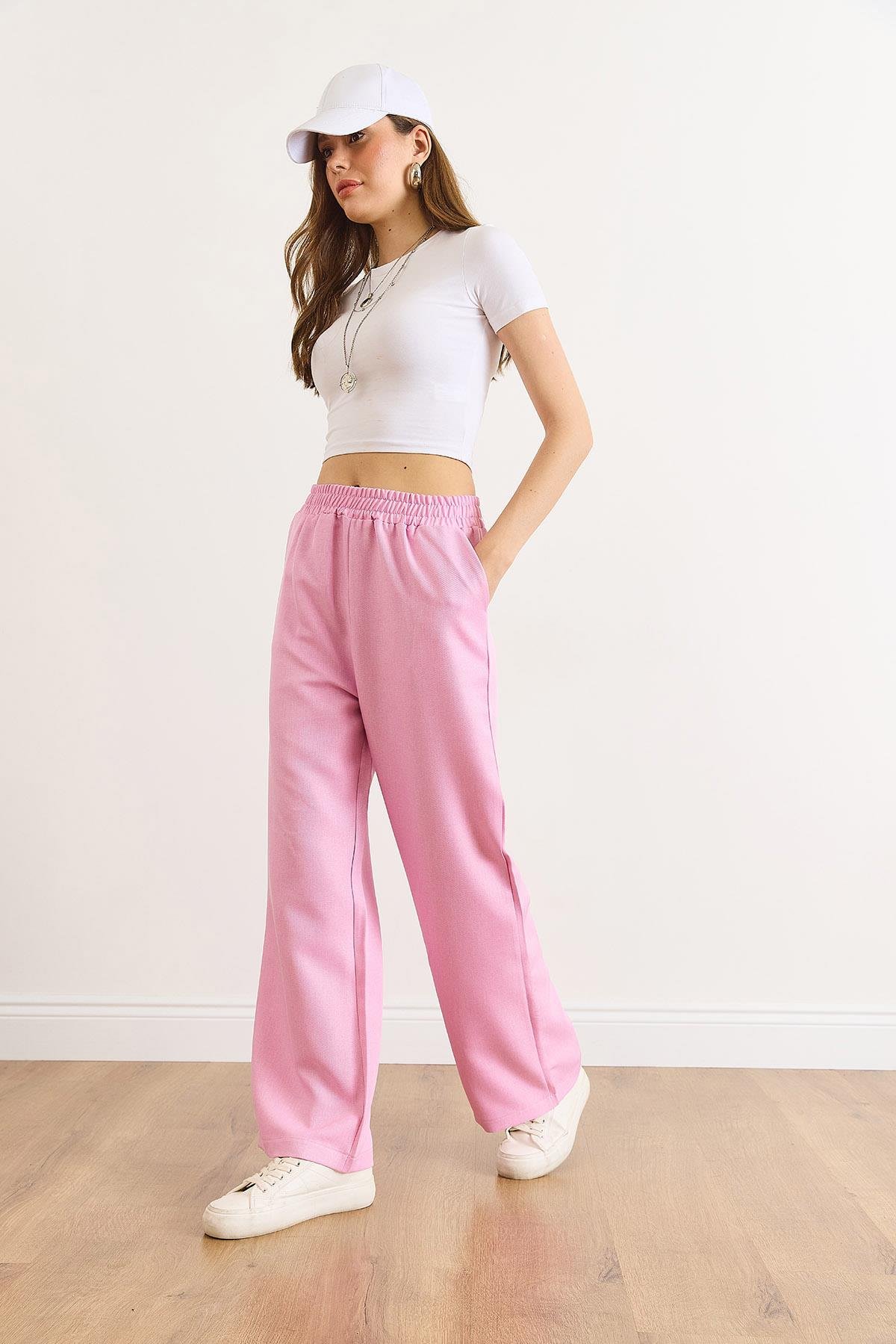Beli Bantlı Cepli Yün Efektli Bol Paça Kışlık Pantolon Şeker Pembe