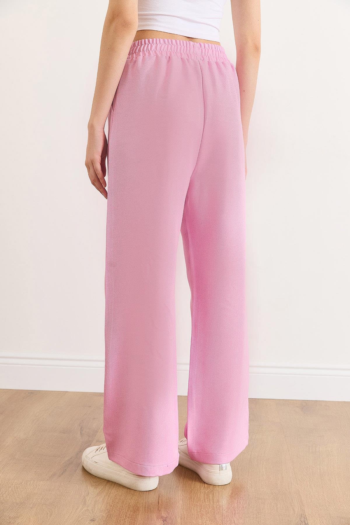 Beli Bantlı Cepli Yün Efektli Bol Paça Kışlık Pantolon Şeker Pembe