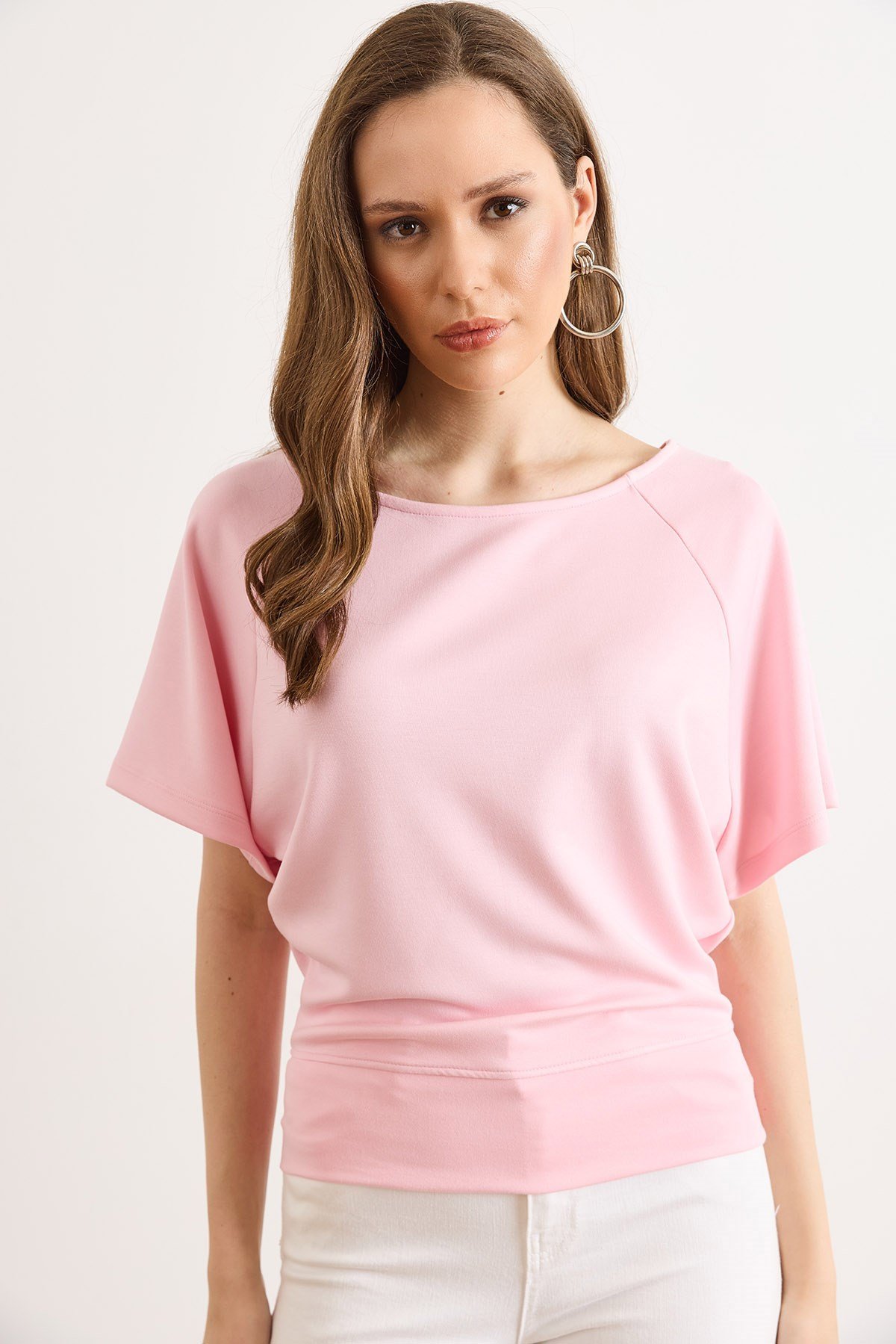 Beli Bantlı Yarasa Dökümlü Bluz Pembe