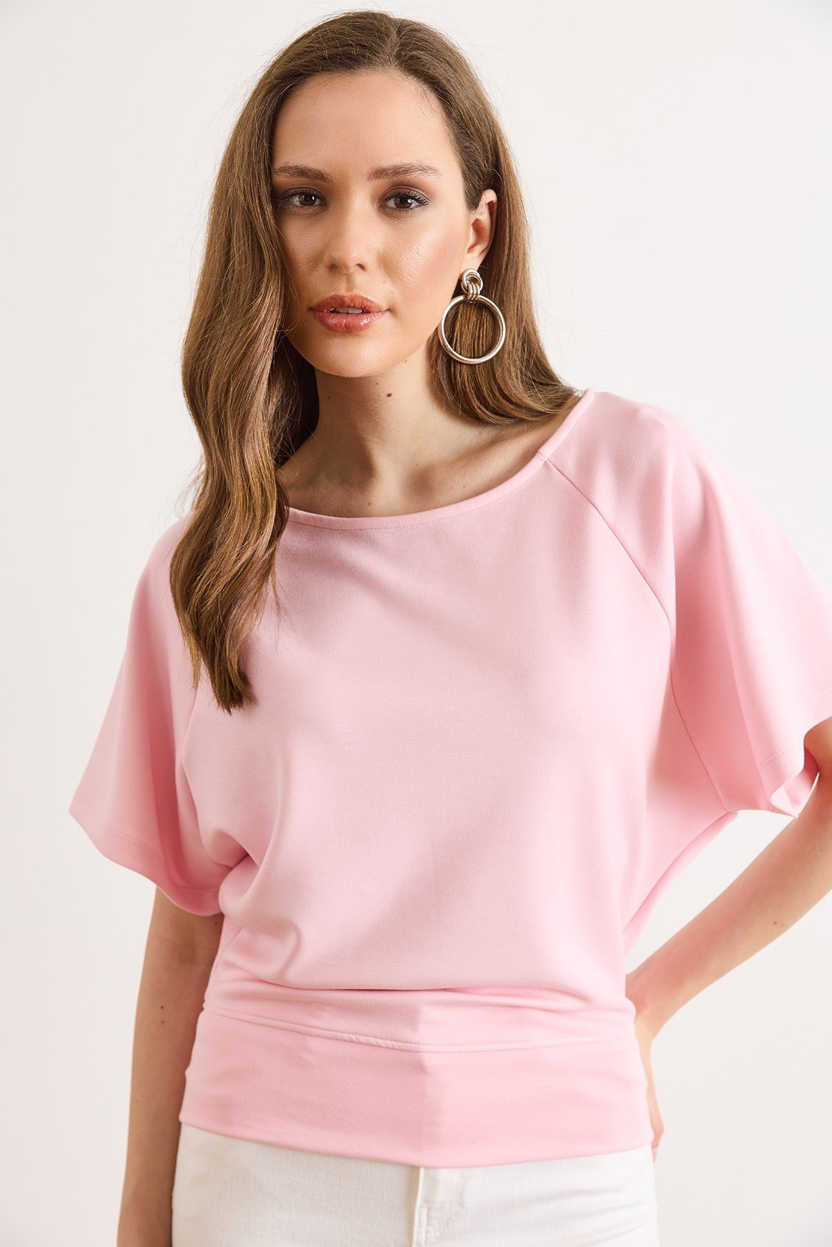 Beli Bantlı Yarasa Dökümlü Bluz Pembe