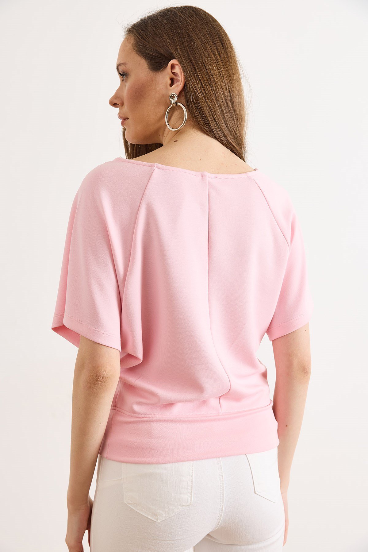 Beli Bantlı Yarasa Dökümlü Bluz Pembe