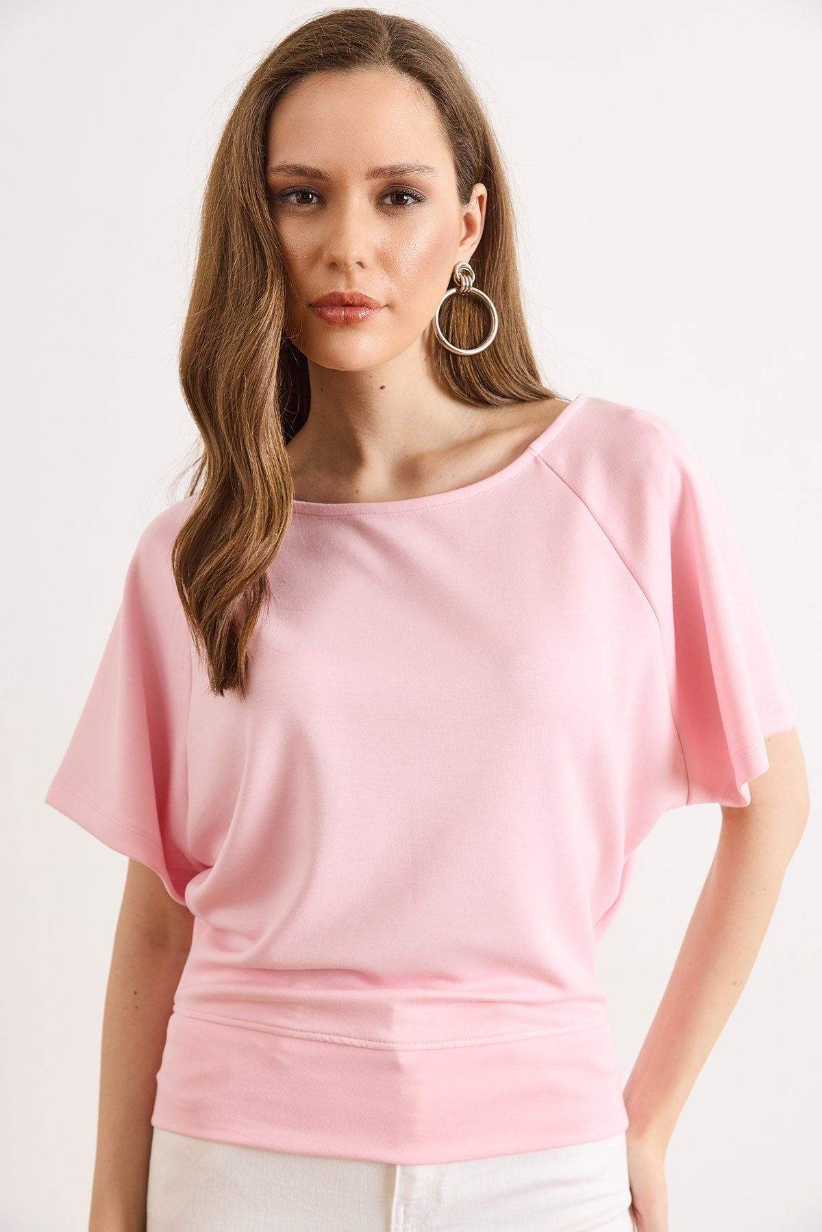 Beli Bantlı Yarasa Dökümlü Bluz Pembe