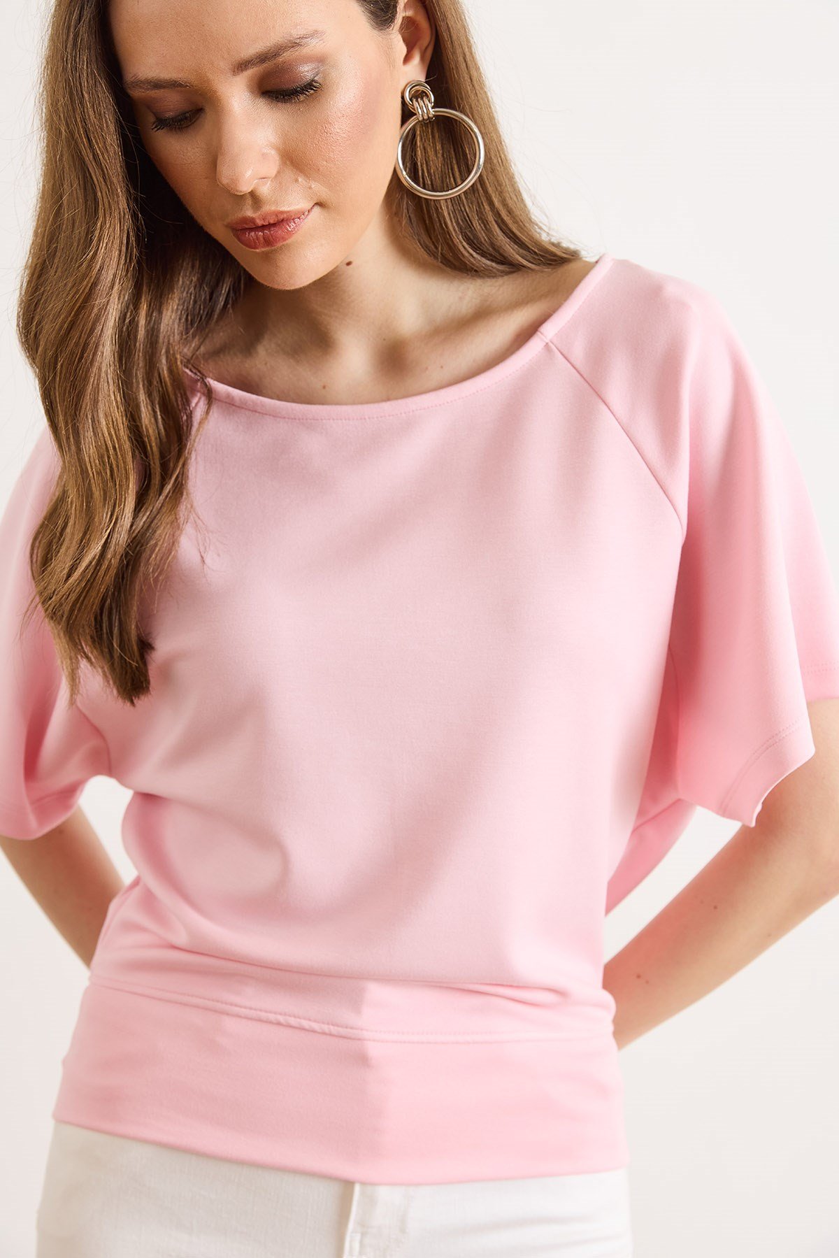 Beli Bantlı Yarasa Dökümlü Bluz Pembe