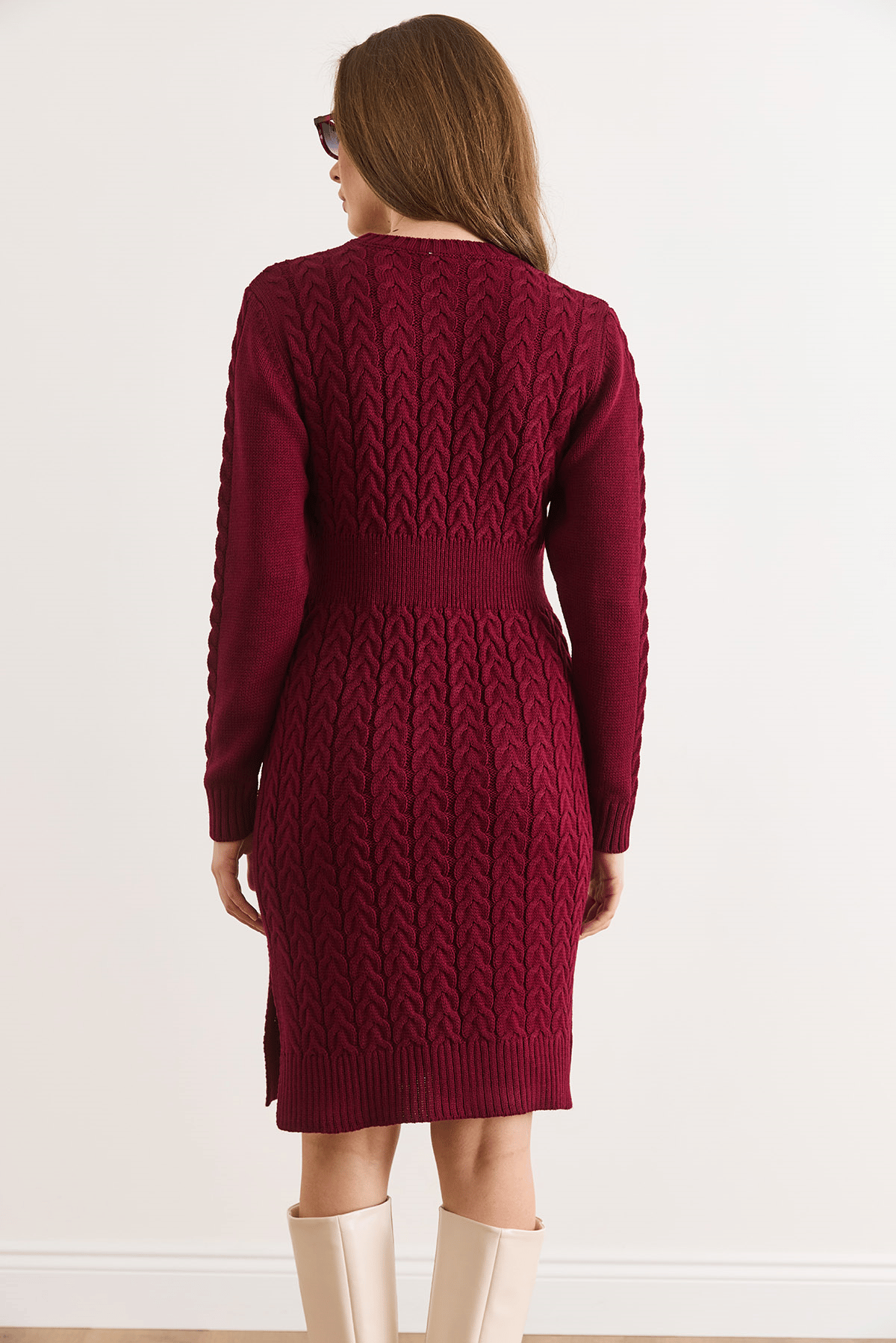 Beli Bantlı Yırtmaçlı Saç Örgü Mini Elbise Açık Bordo