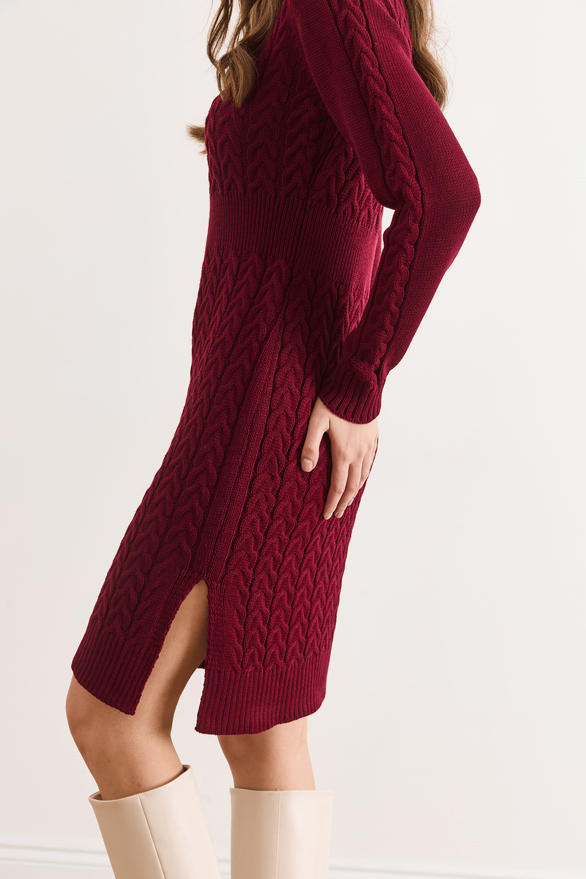 Beli Bantlı Yırtmaçlı Saç Örgü Mini Elbise Açık Bordo