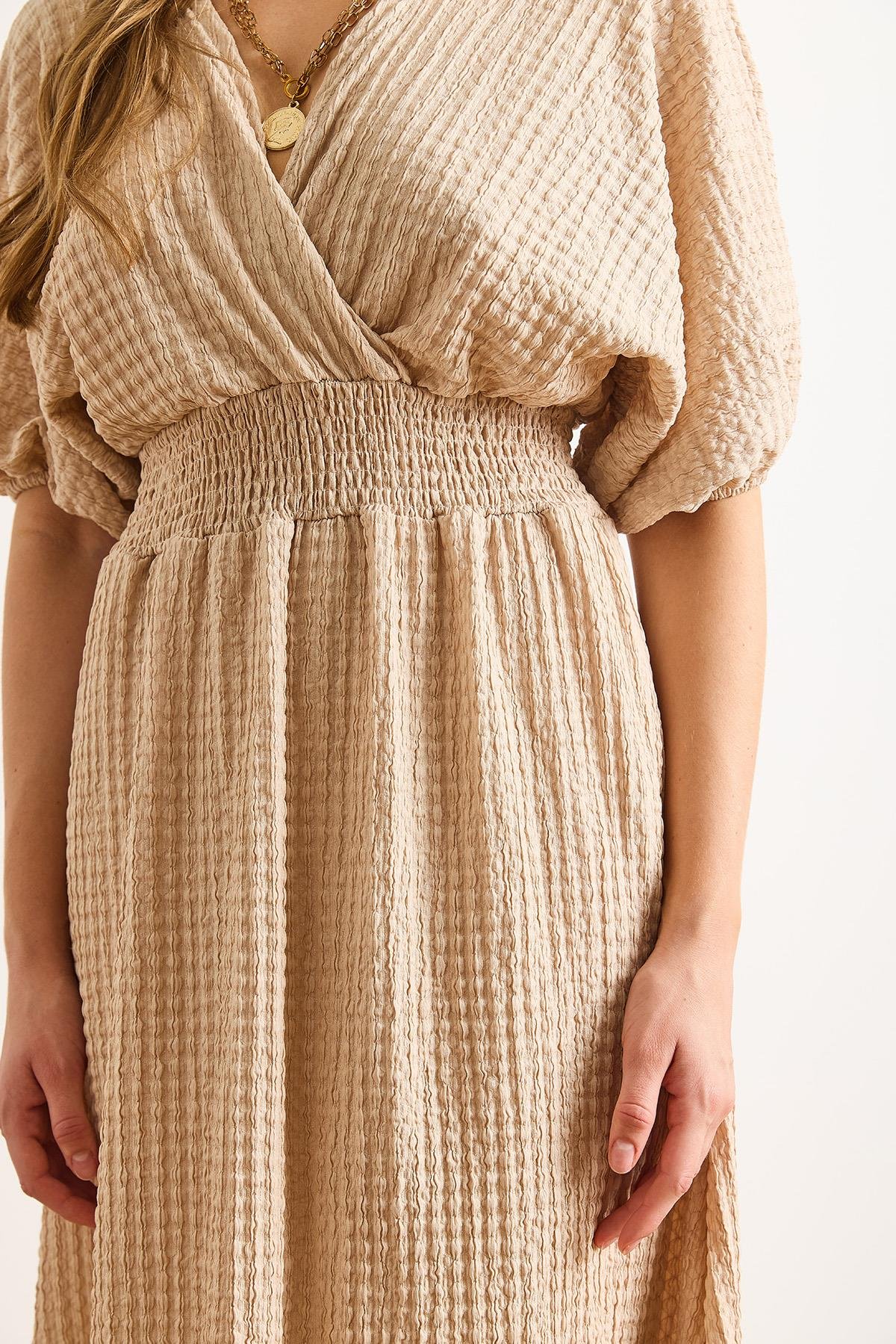 Beli Gipeli Kruvaze Yaka Midi Elbise Camel