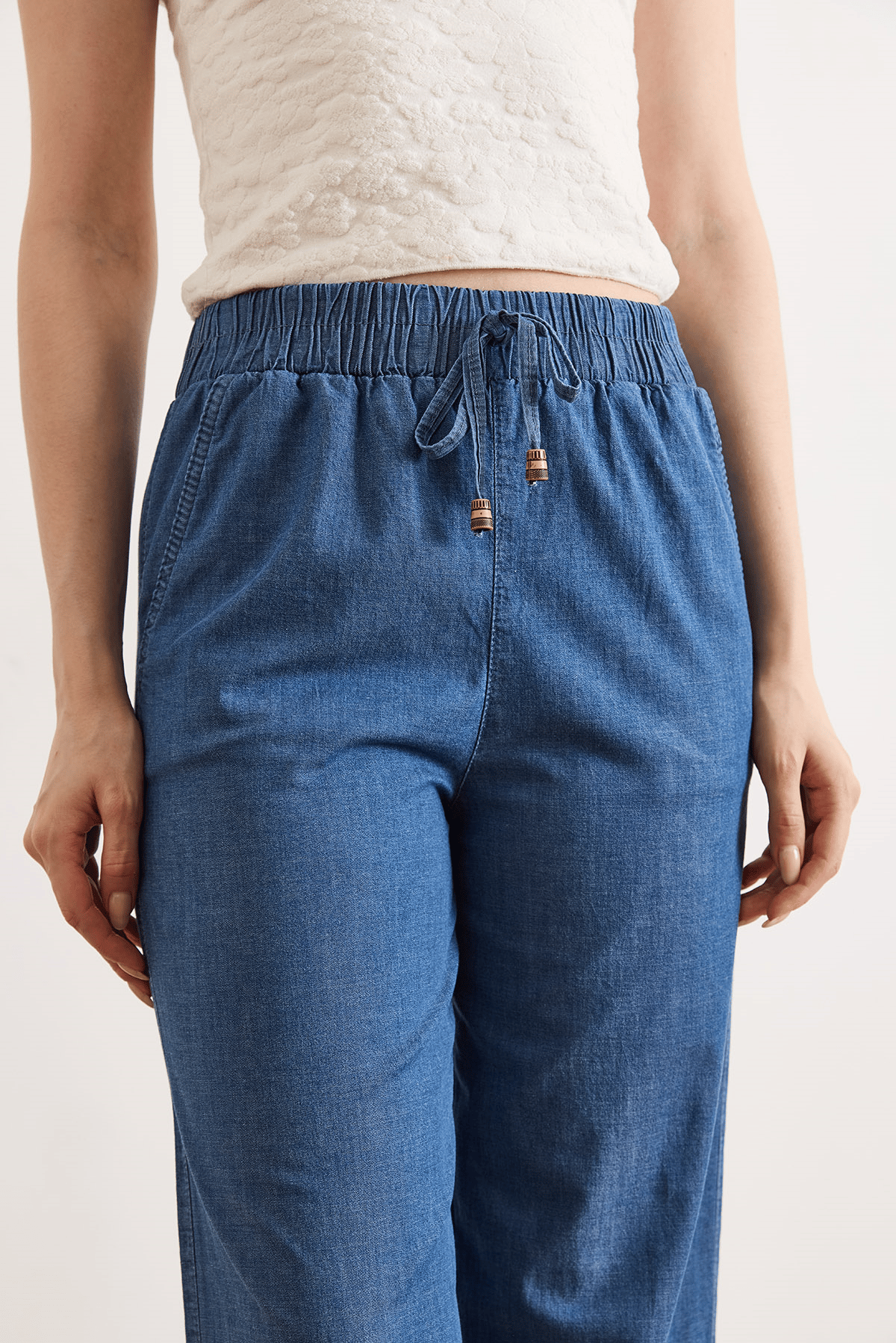 Beli Lastikli Bol Paça Denim Pantolon Mavi