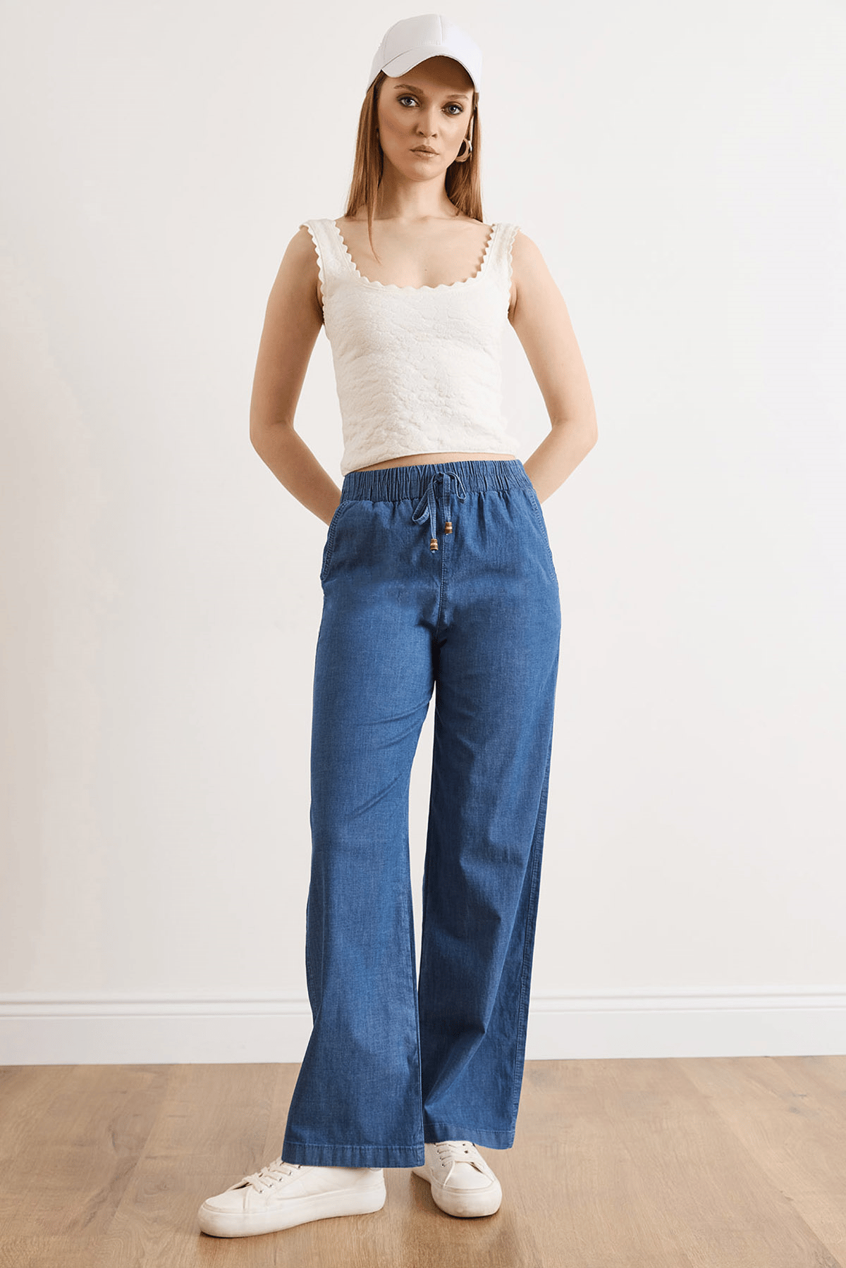 Beli Lastikli Bol Paça Denim Pantolon Mavi