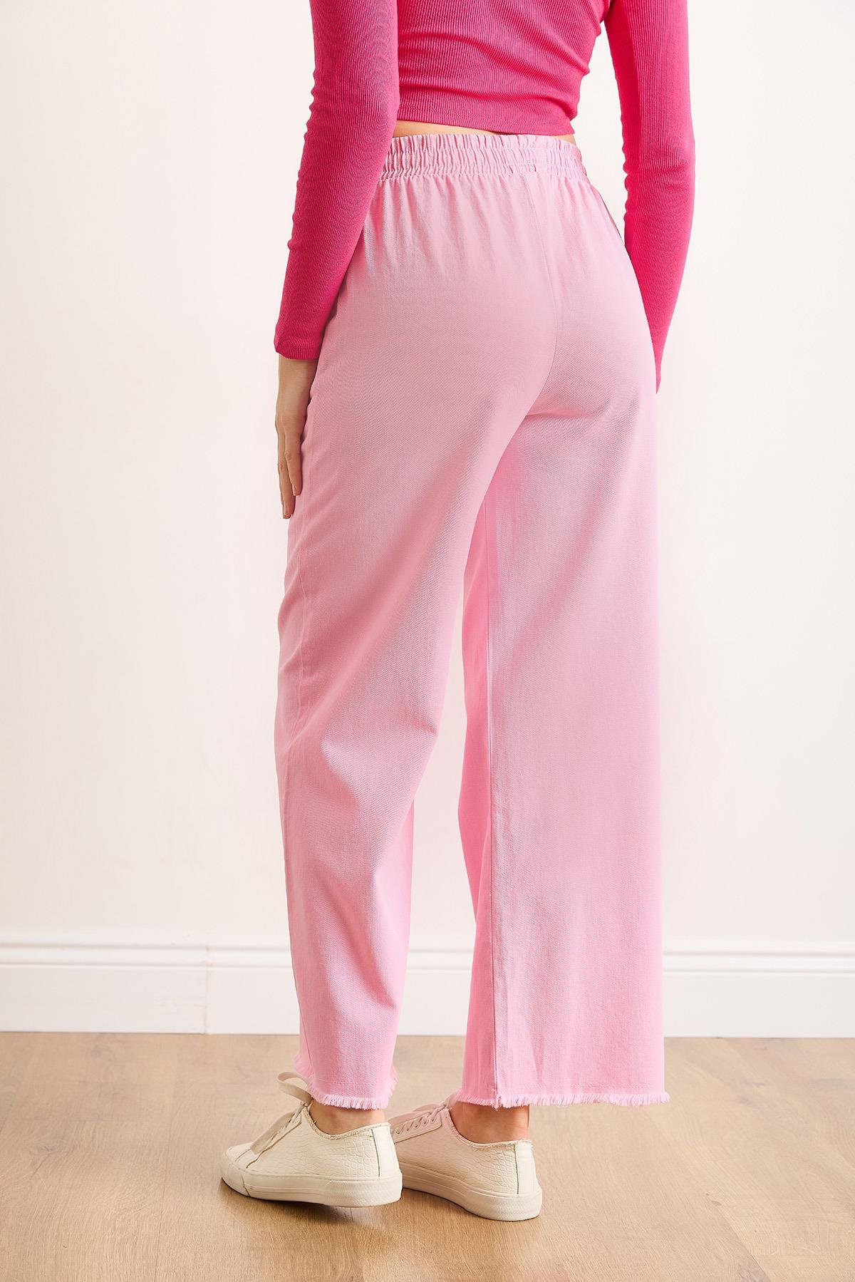 Beli Lastikli Cepli Paça Püskül Detaylı Yıkamalı Gabardin Pantolon Pembe