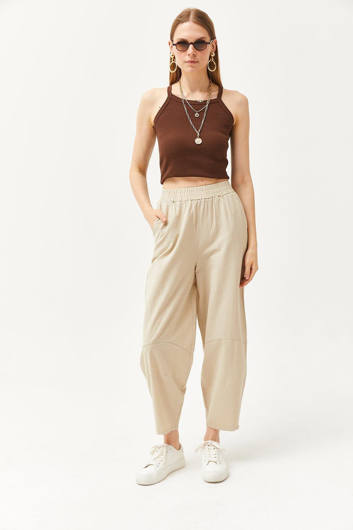 Beli Lastikli Cepli Şalvar Kesim Gabardin Pantolon Taş