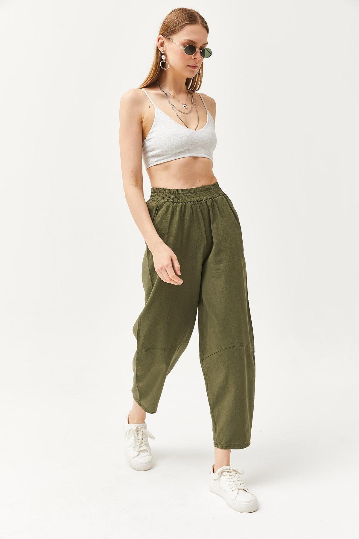 Beli Lastikli Cepli Şalvar Kesim Gabardin Pantolon Haki