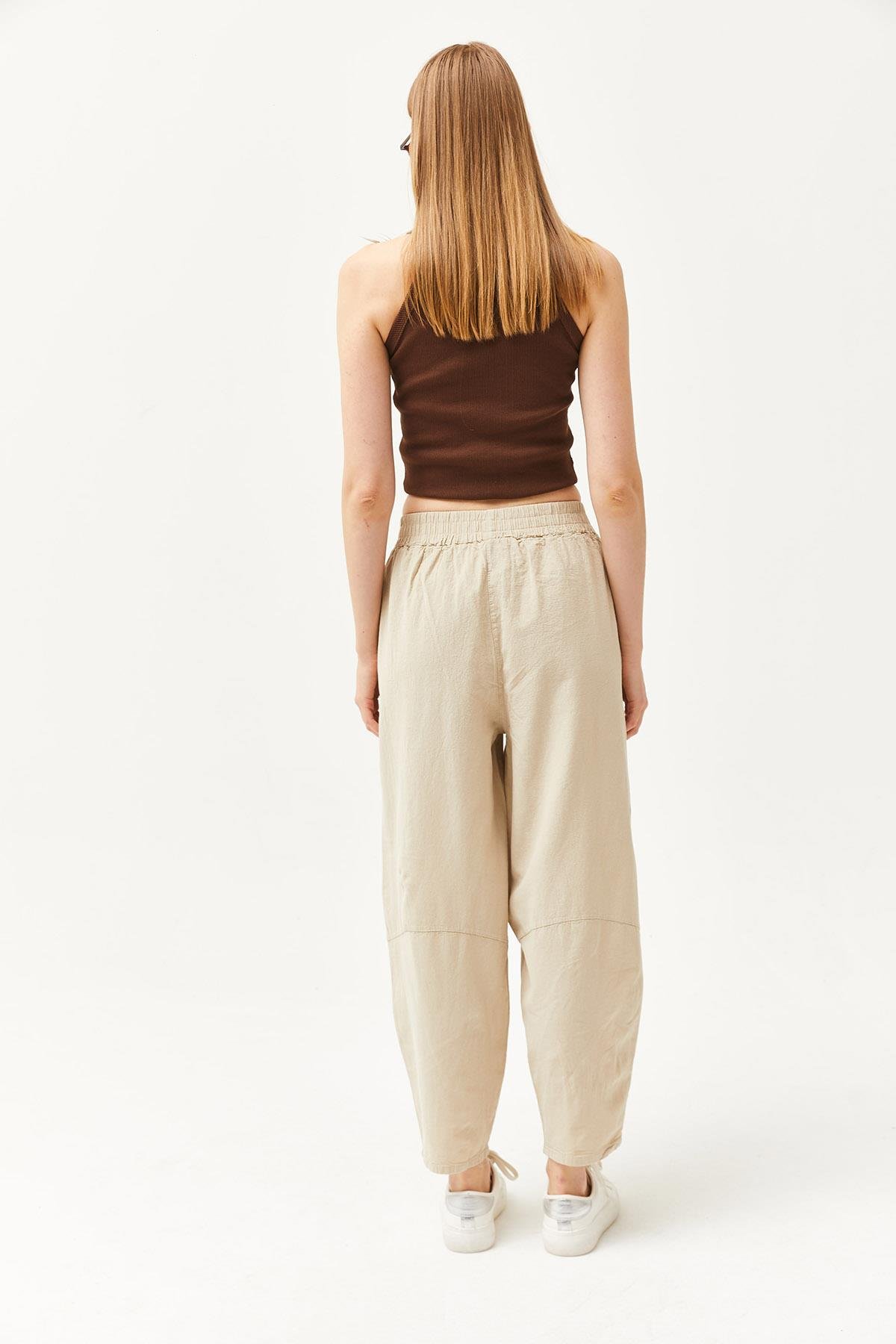 Beli Lastikli Cepli Şalvar Kesim Gabardin Pantolon Taş