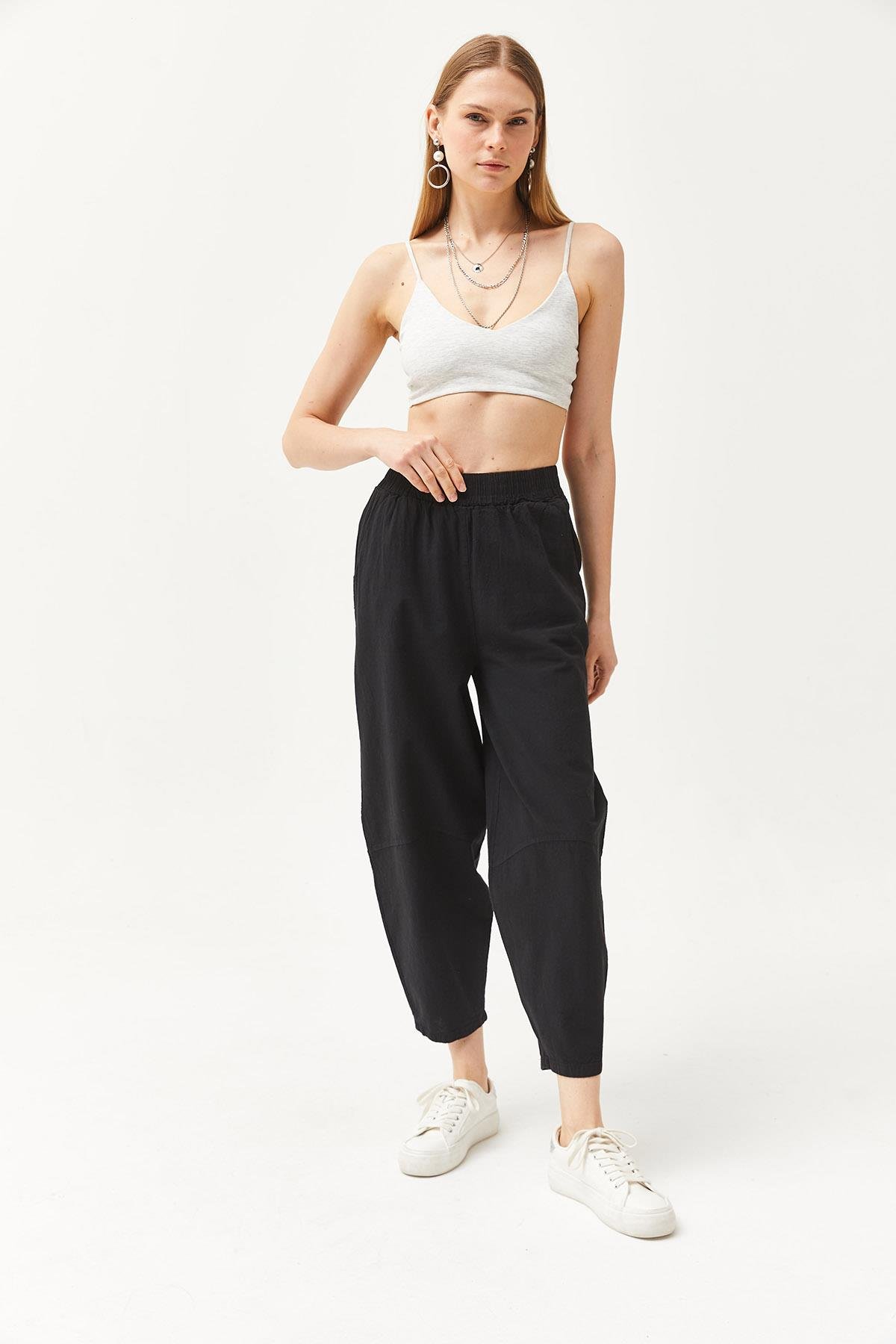 Beli Lastikli Cepli Şalvar Kesim Gabardin Pantolon Siyah
