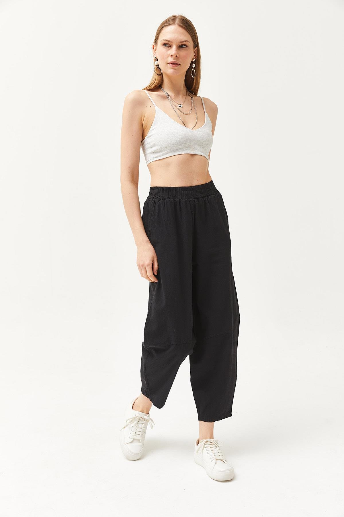 Beli Lastikli Cepli Şalvar Kesim Gabardin Pantolon Siyah