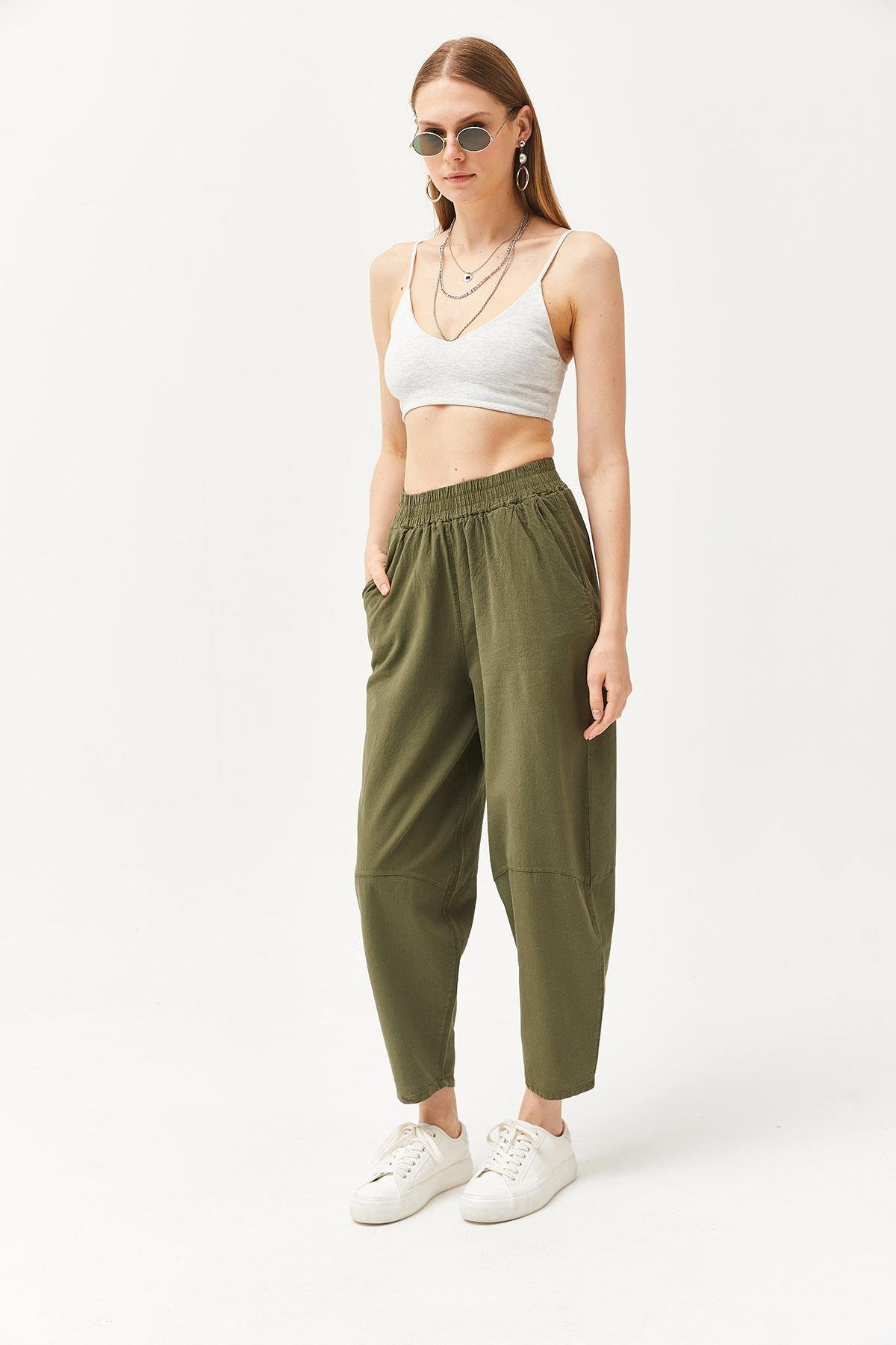 Beli Lastikli Cepli Şalvar Kesim Gabardin Pantolon Haki