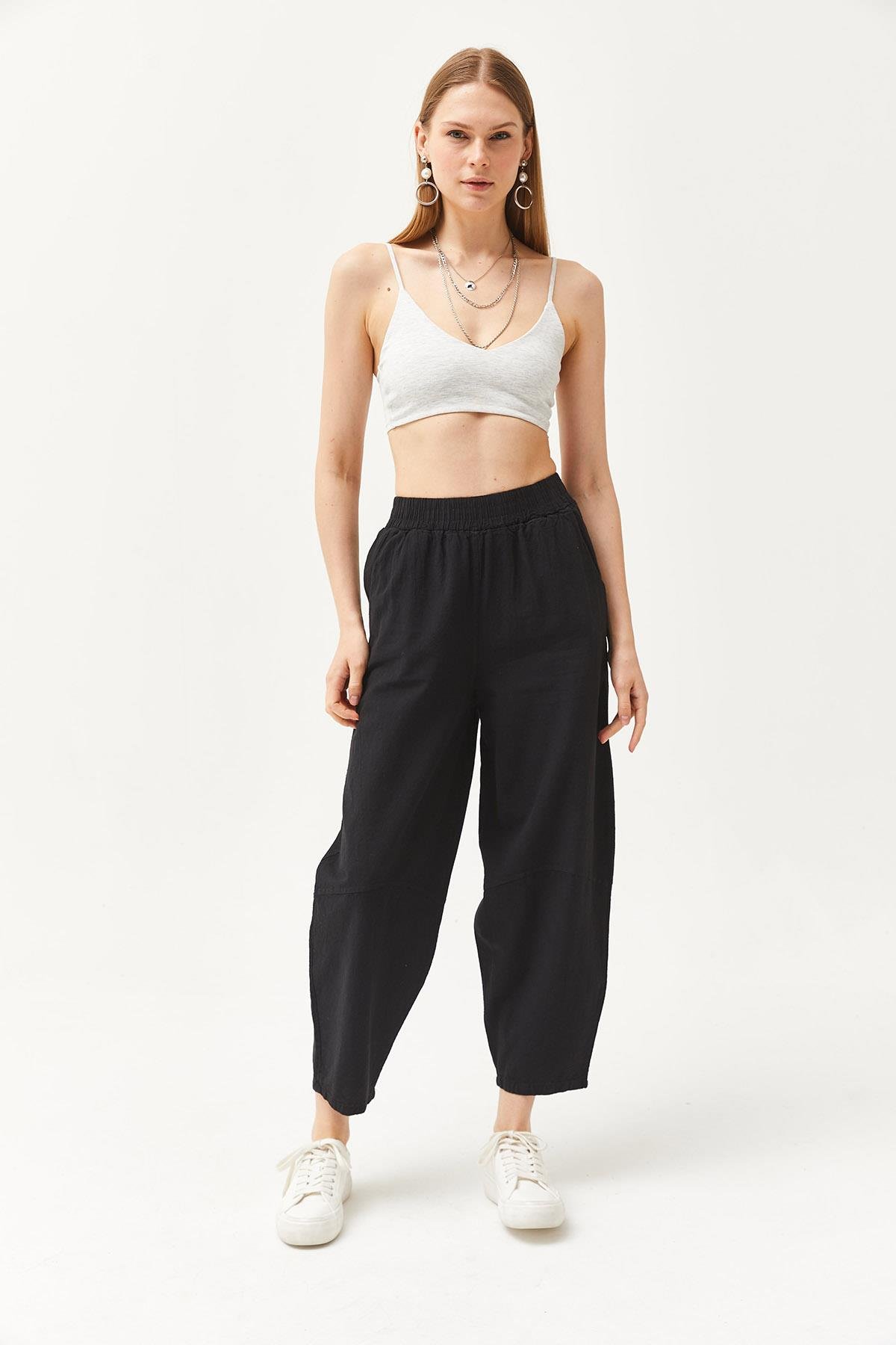 Beli Lastikli Cepli Şalvar Kesim Gabardin Pantolon Siyah