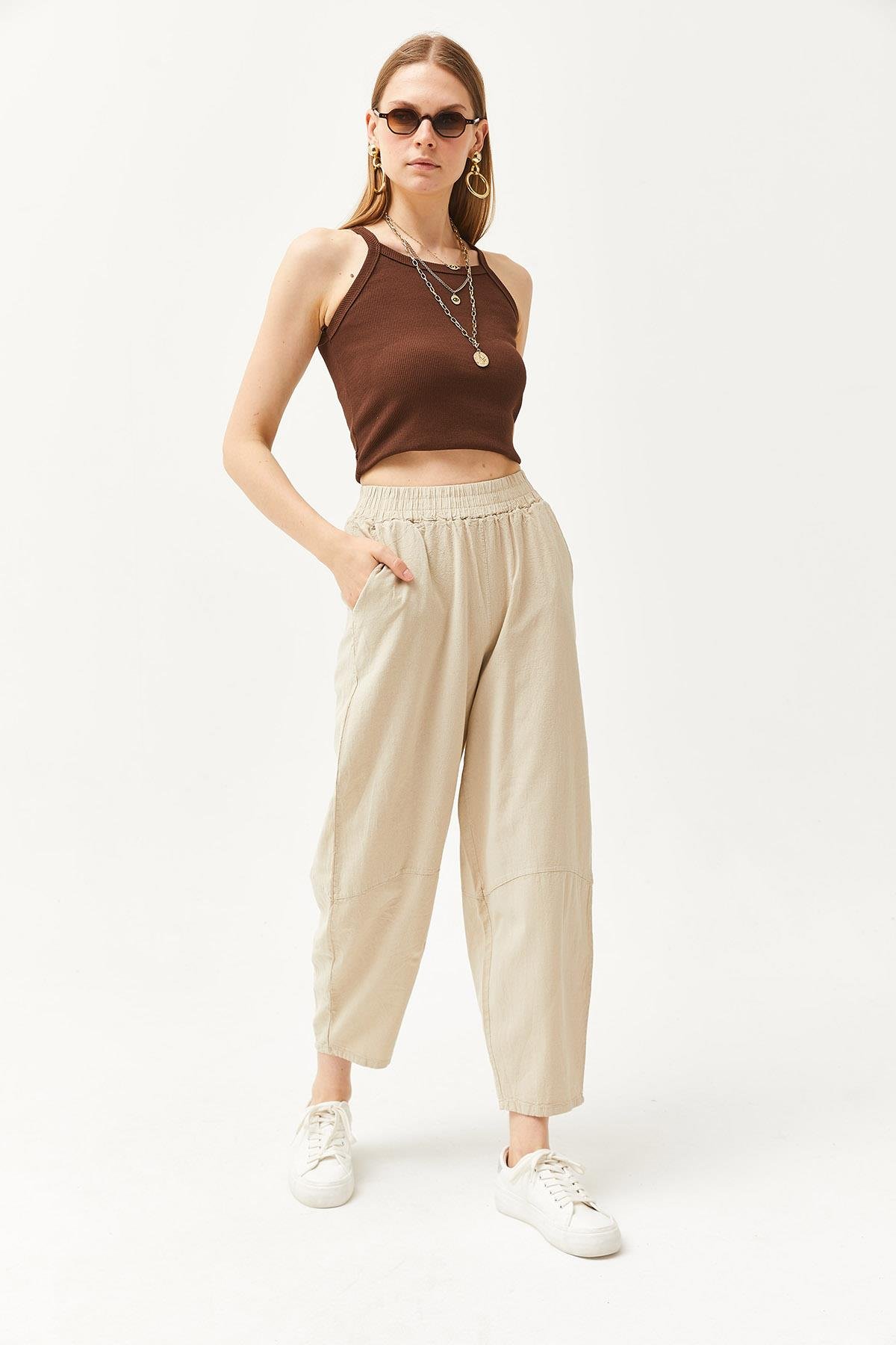 Beli Lastikli Cepli Şalvar Kesim Gabardin Pantolon Taş