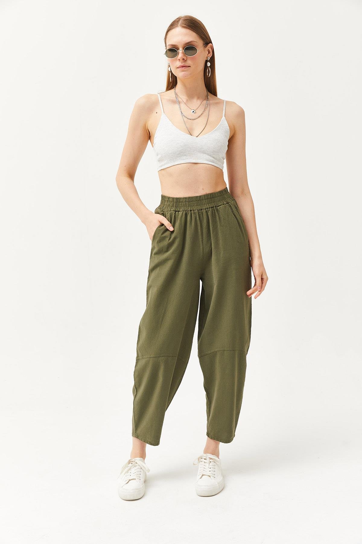 Beli Lastikli Cepli Şalvar Kesim Gabardin Pantolon Haki