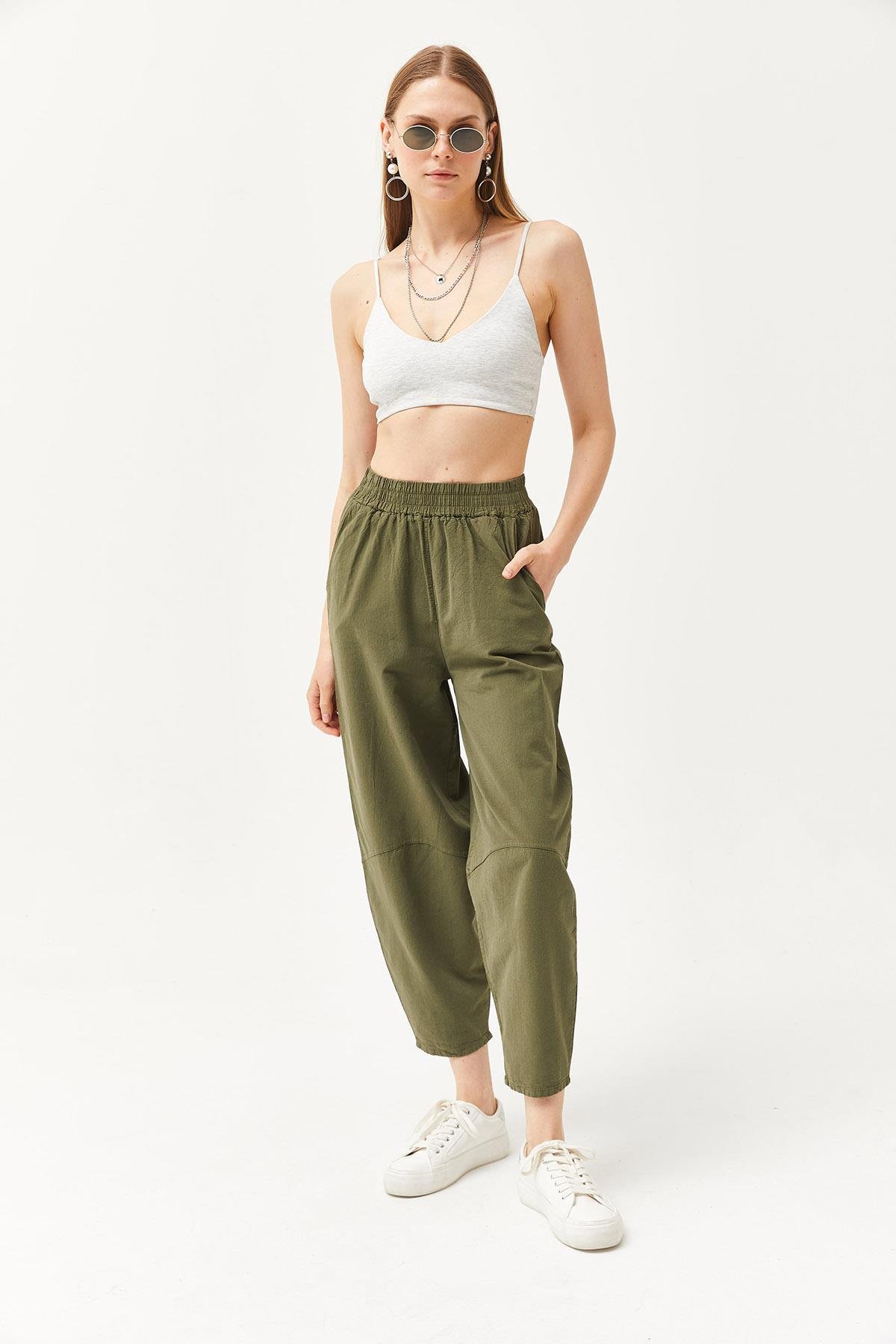 Beli Lastikli Cepli Şalvar Kesim Gabardin Pantolon Haki