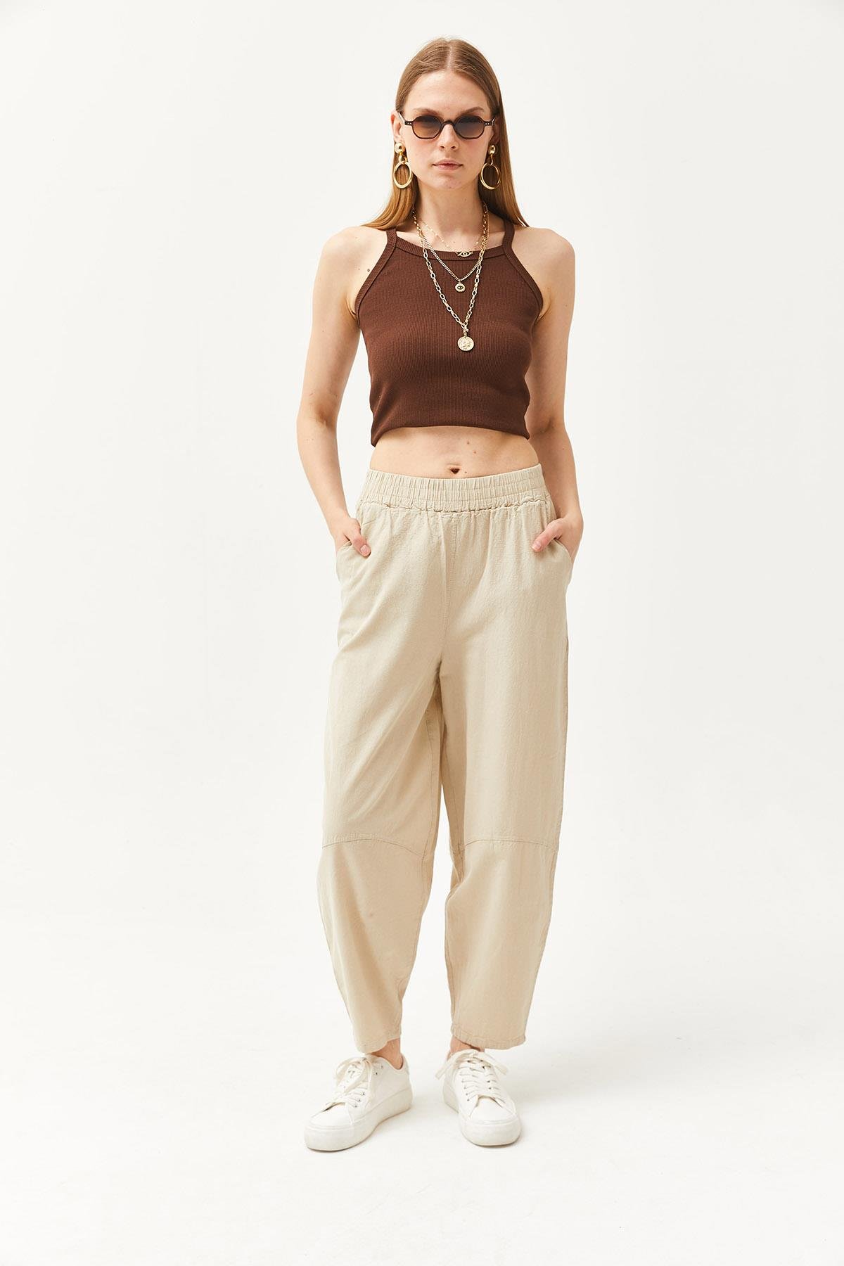 Beli Lastikli Cepli Şalvar Kesim Gabardin Pantolon Taş