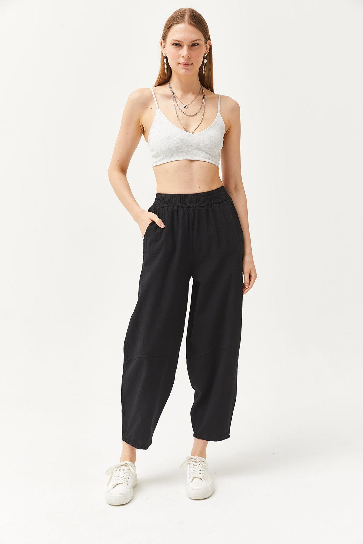 Beli Lastikli Cepli Şalvar Kesim Gabardin Pantolon Siyah