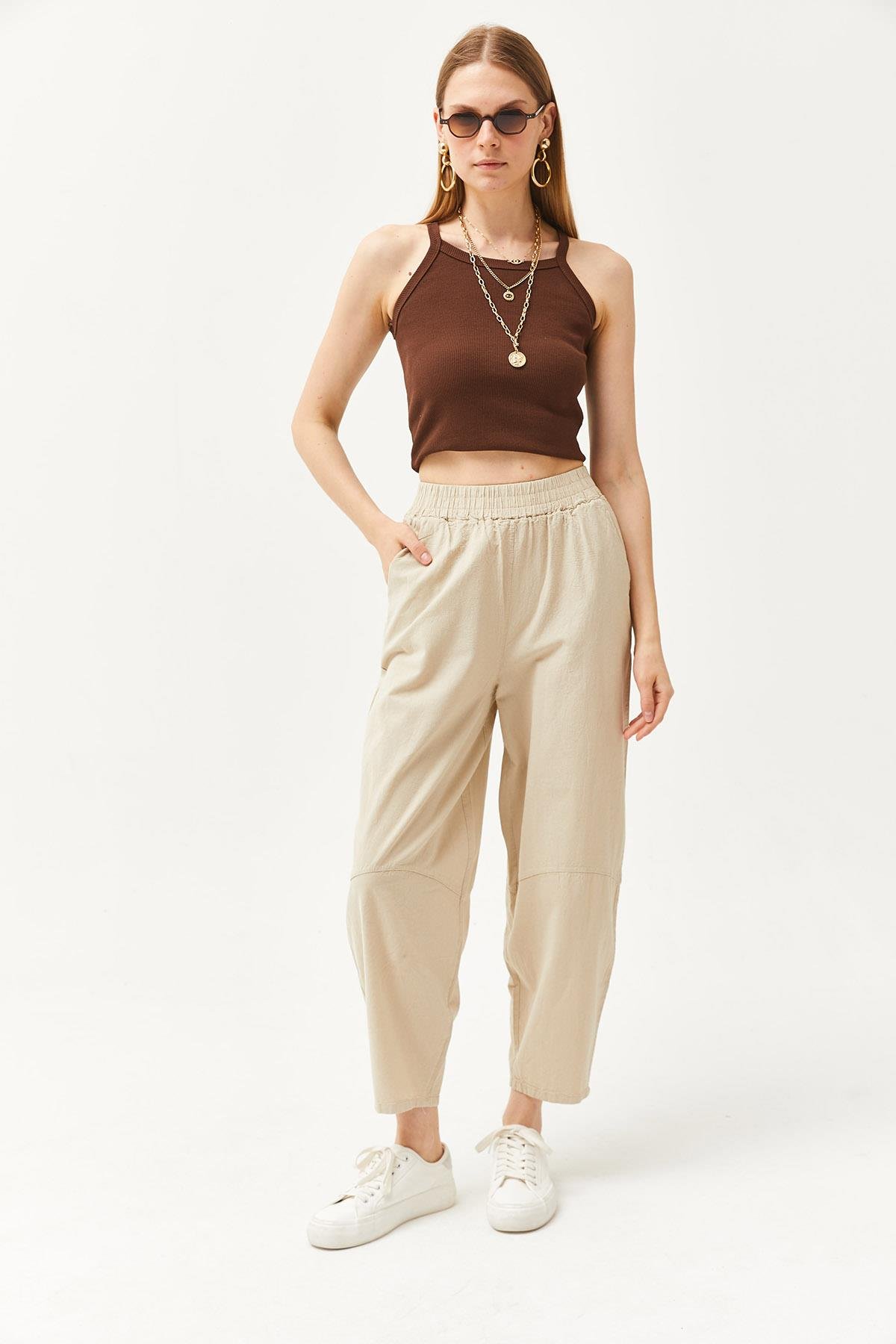 Beli Lastikli Cepli Şalvar Kesim Gabardin Pantolon Taş