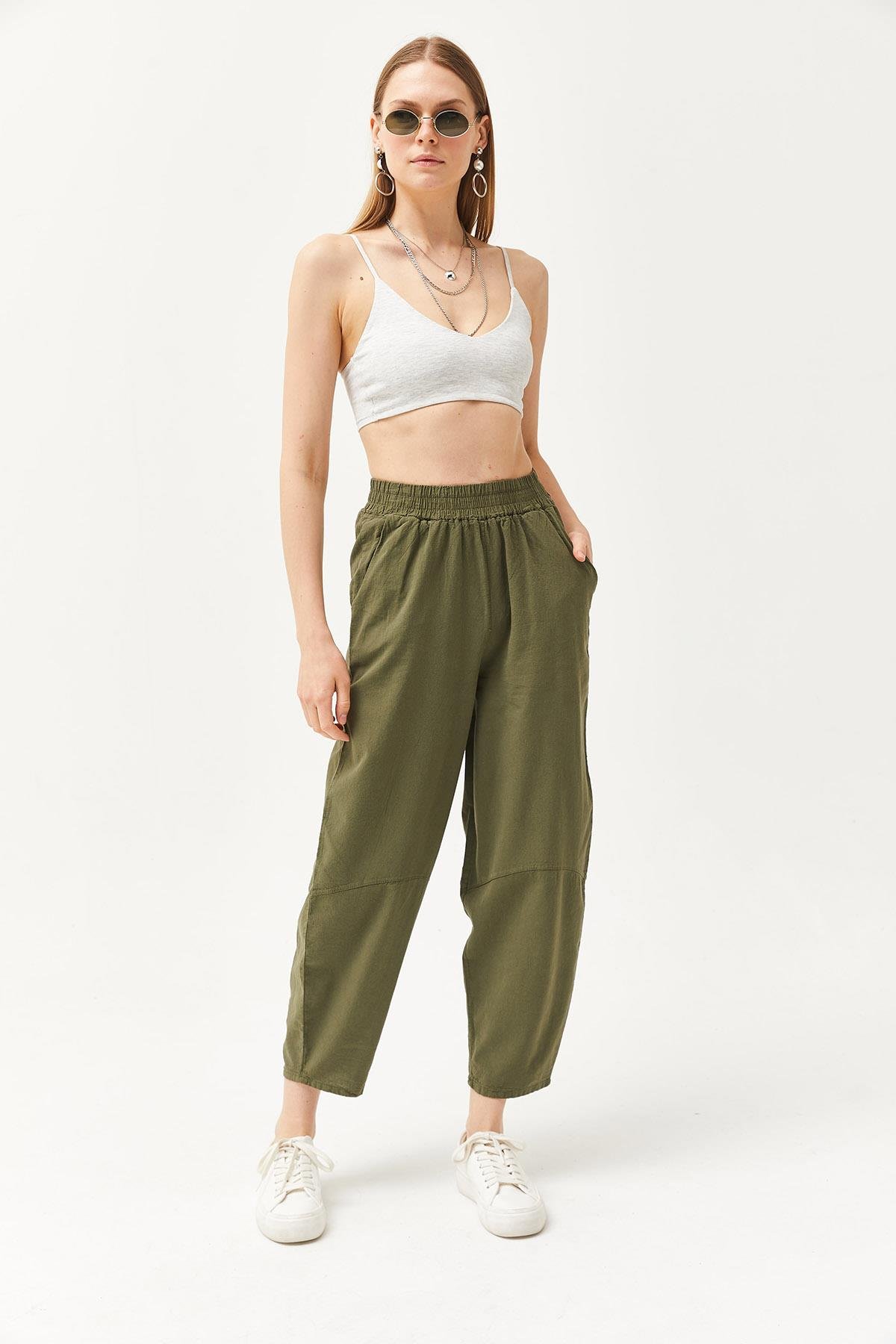 Beli Lastikli Cepli Şalvar Kesim Gabardin Pantolon Haki