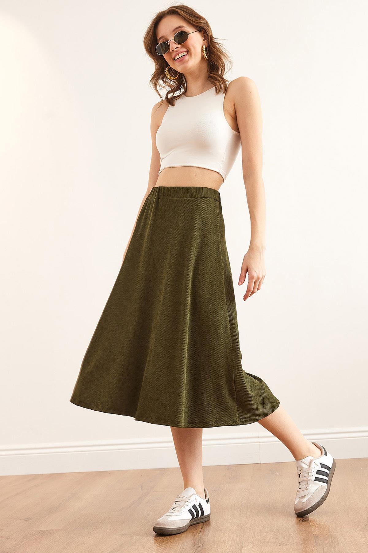 Beli Lastikli Dökümlü Burgu Etek Haki