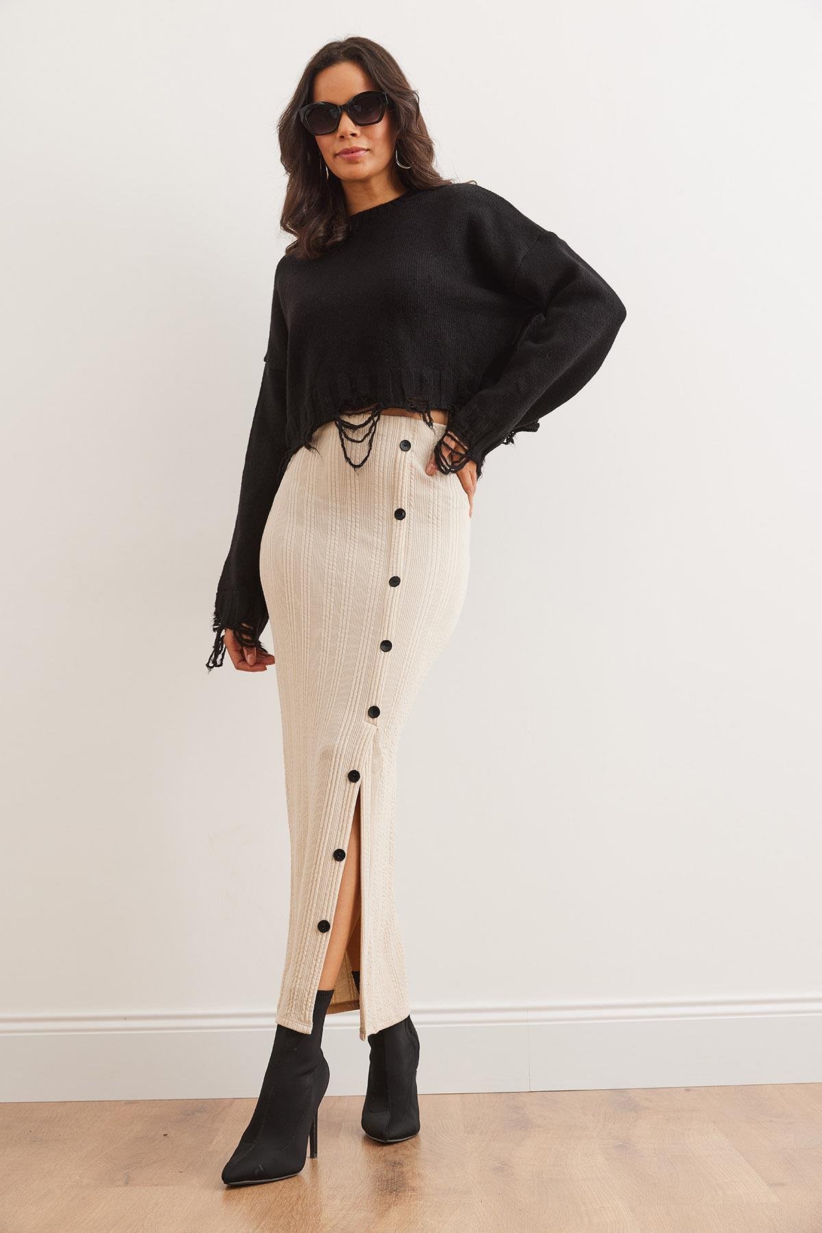 Beli Lastikli Düğmeli Yırtmaçlı Uzun Etek Taş