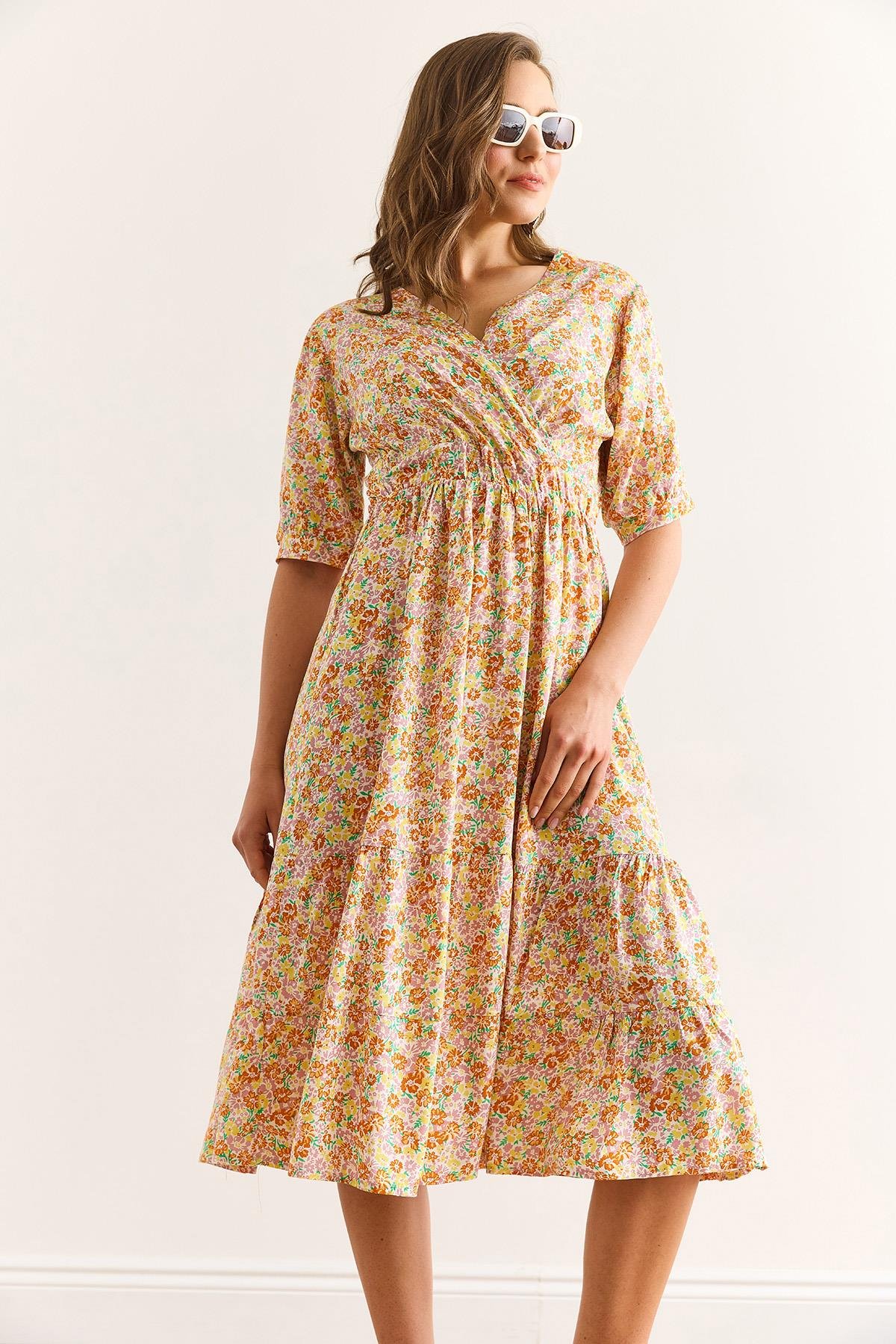 Beli Lastikli Kruvaze Yaka Dokuma Viskon Elbise Sarı Turuncu