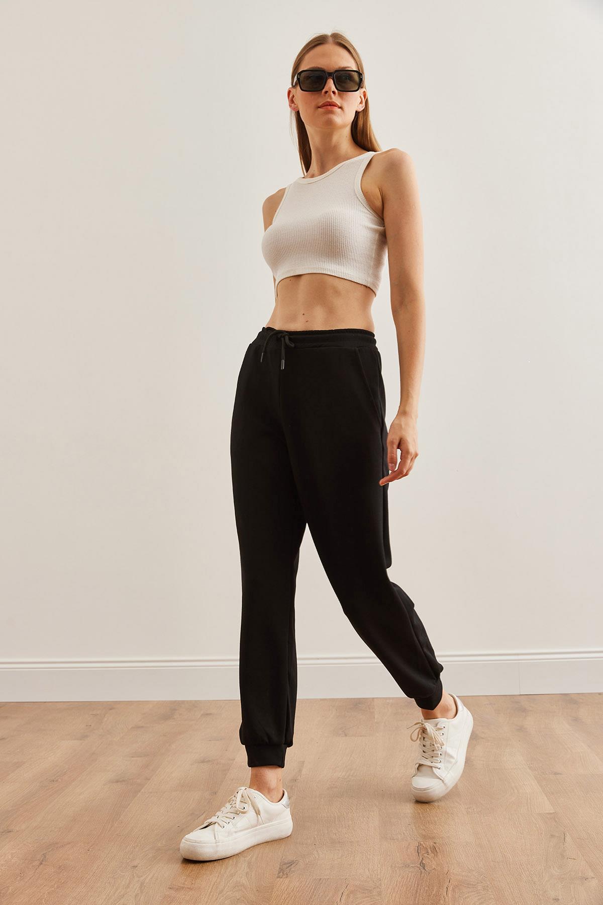 Beli Lastikli Modal Tuşeli Jogging Eşofman Altı Siyah