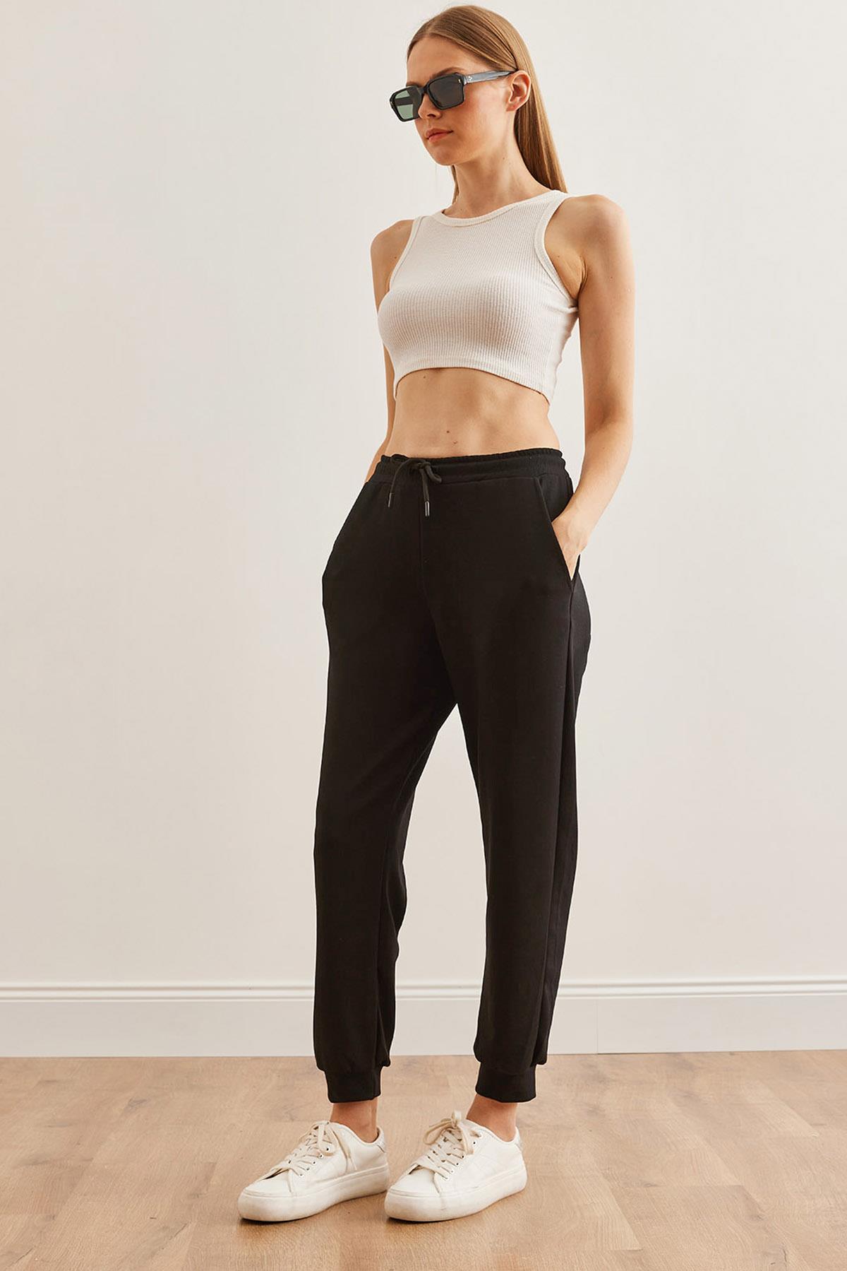 Beli Lastikli Modal Tuşeli Jogging Eşofman Altı Siyah