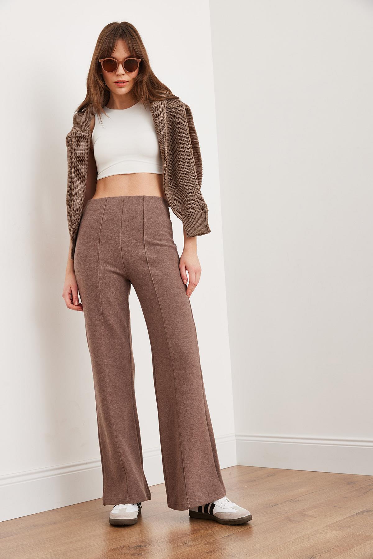 Beli Lastikli Önü Dikişli Selanik Palazzo Pantolon Kahverengi