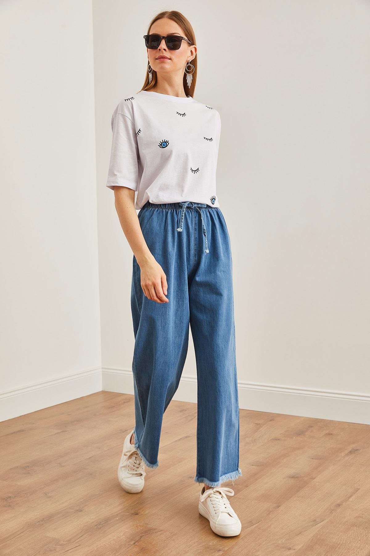 Beli Lastikli Püsküllü Denim Pantolon Mavi