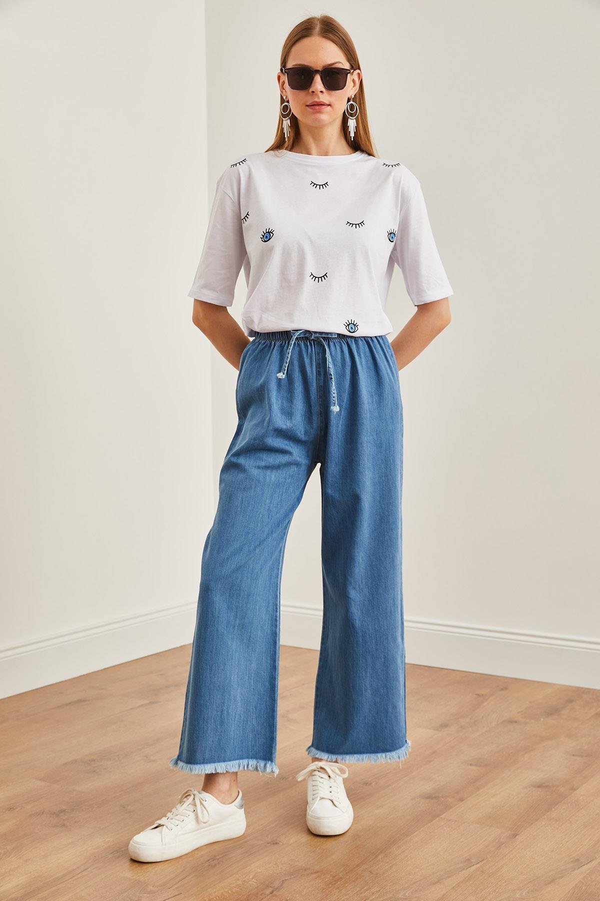 Beli Lastikli Püsküllü Denim Pantolon Mavi
