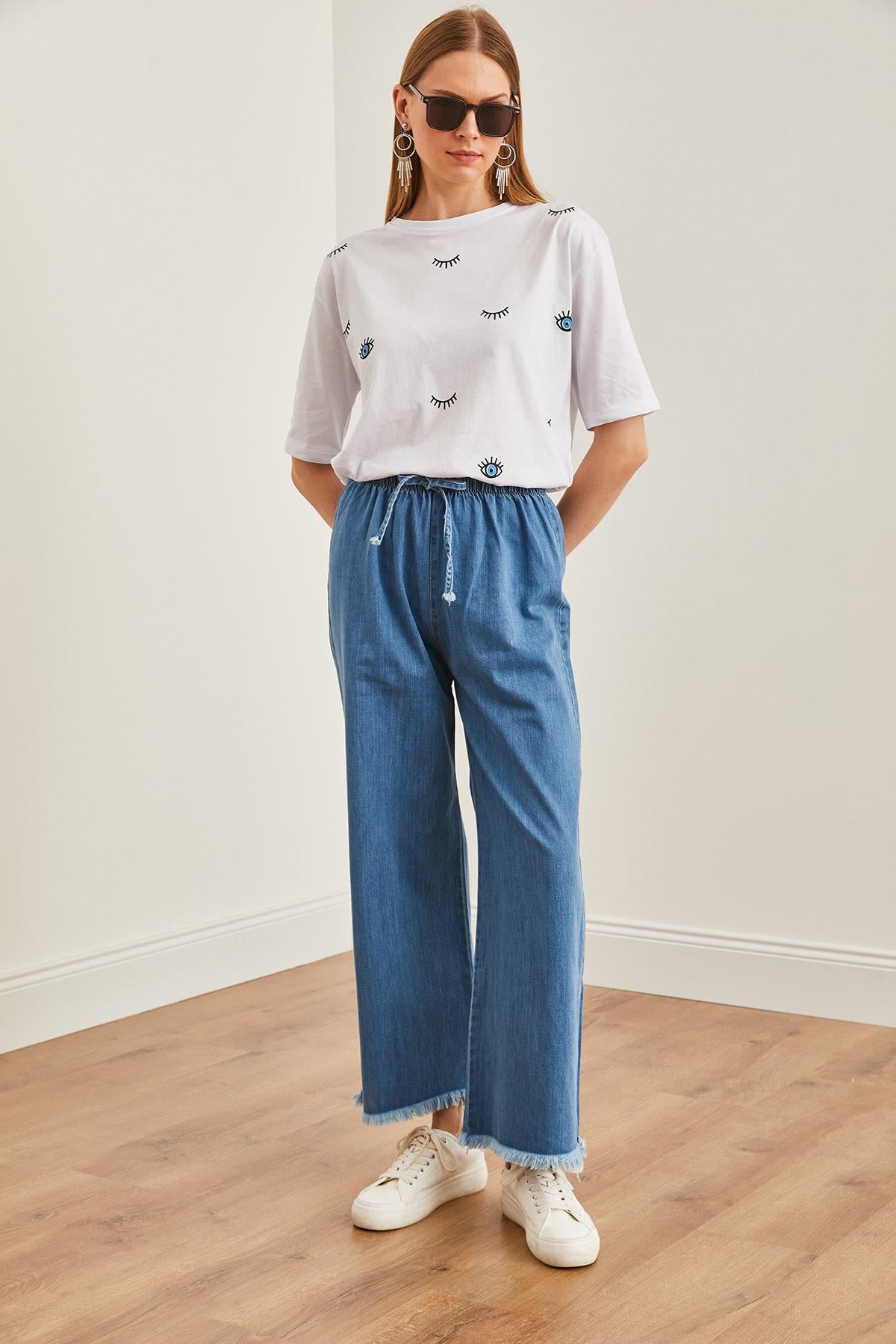 Beli Lastikli Püsküllü Denim Pantolon Mavi