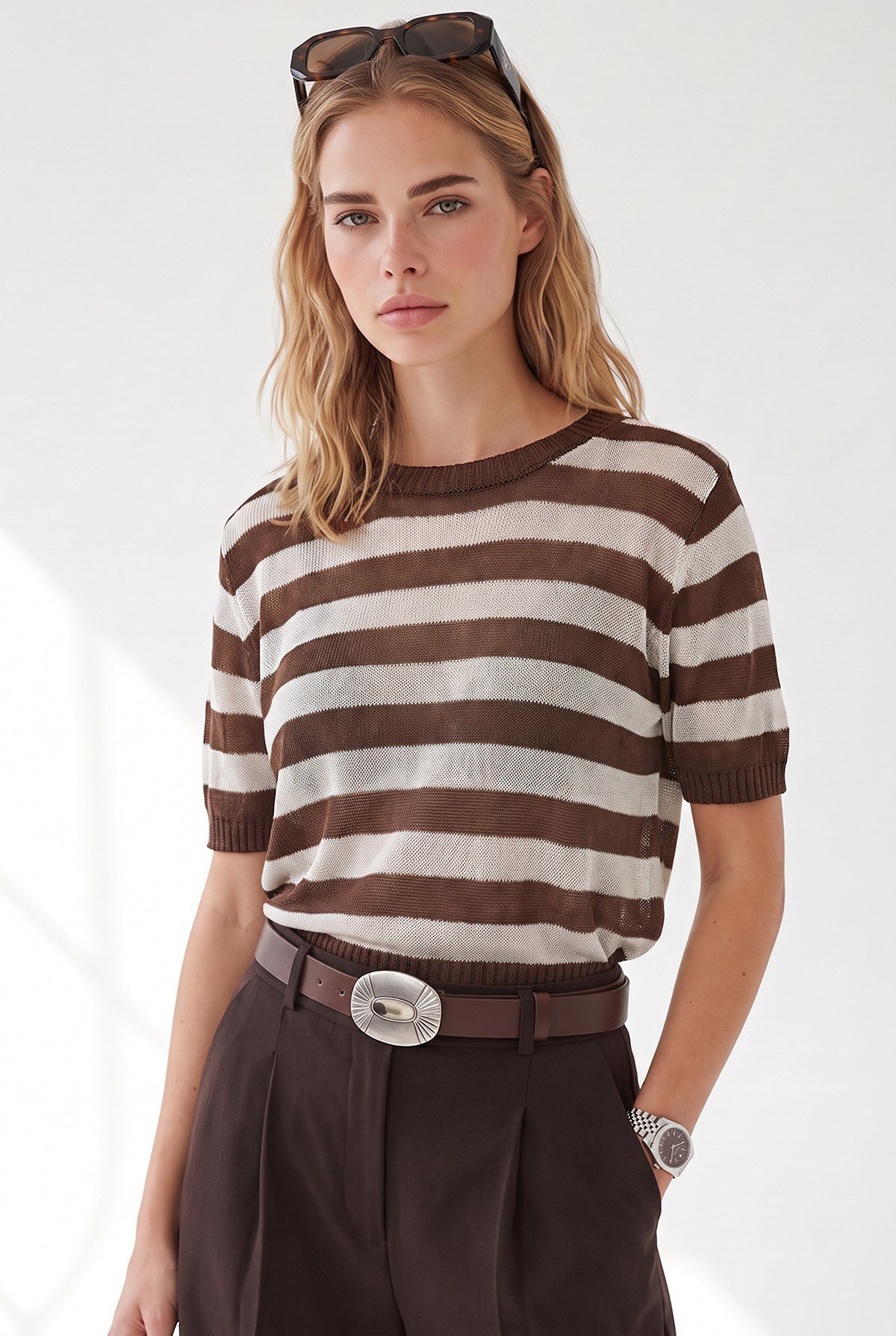 Bisiklet Yaka Çizgili Merserize Bluz Kahverengi