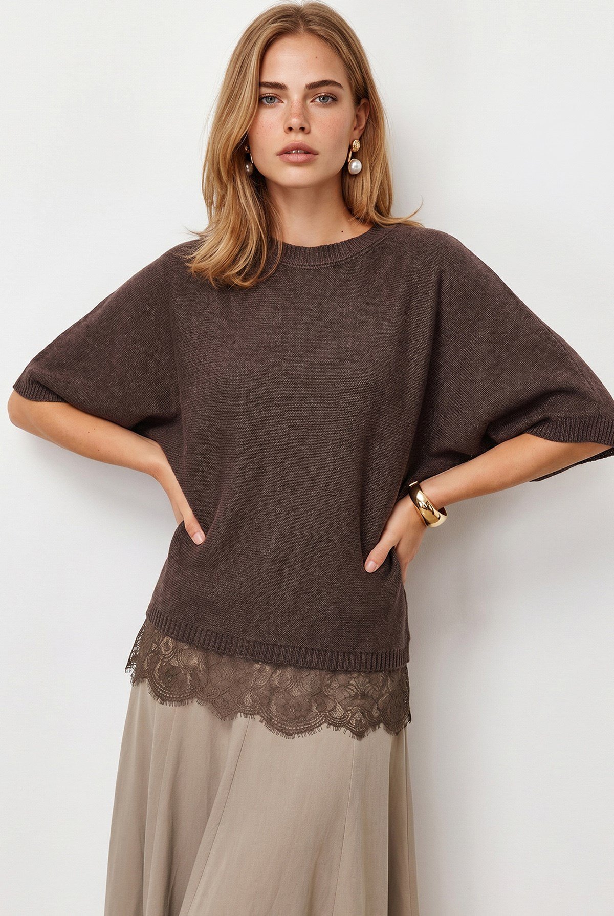 Bisiklet Yaka Dantel Detaylı Loose Fit Triko Bluz Kahverengi