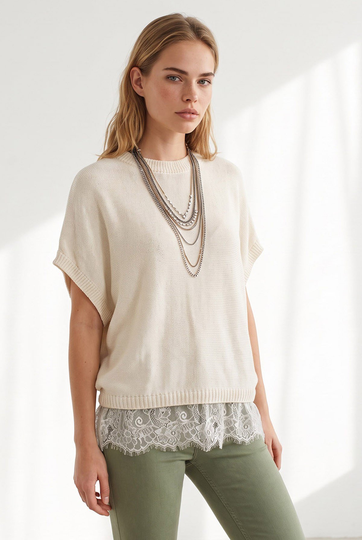 Bisiklet Yaka Dantel Detaylı Loose Fit Triko Bluz Ekru