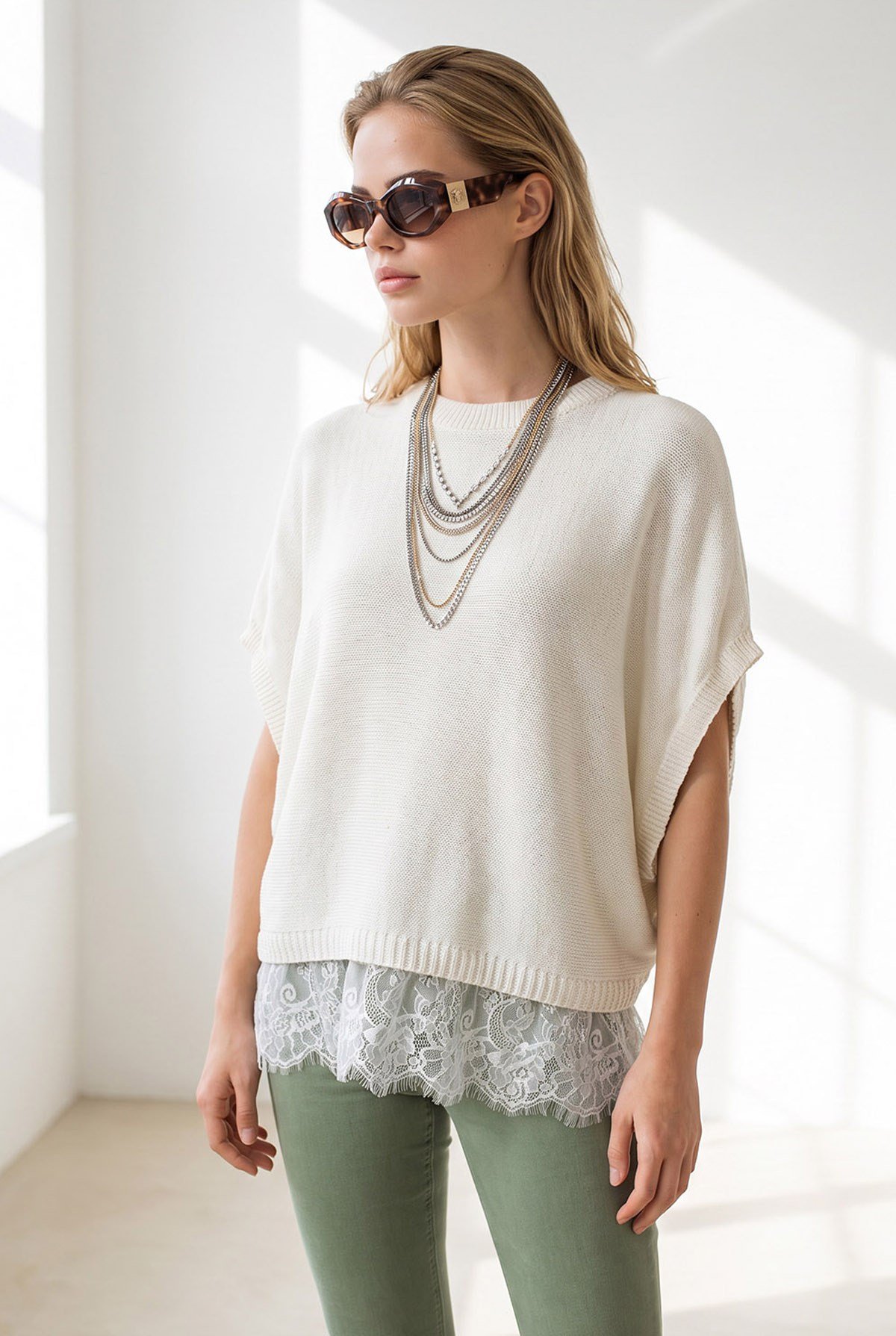 Bisiklet Yaka Dantel Detaylı Loose Fit Triko Bluz Ekru
