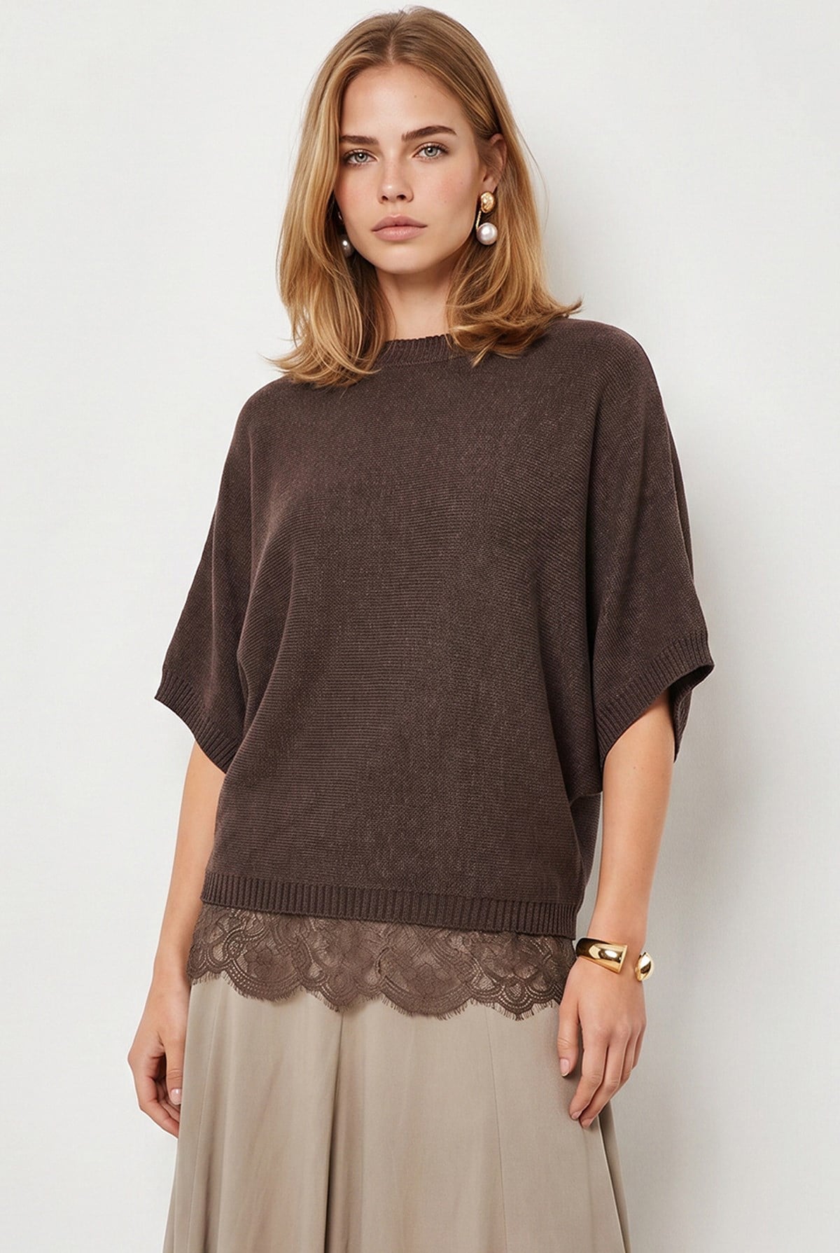 Bisiklet Yaka Dantel Detaylı Loose Fit Triko Bluz Kahverengi